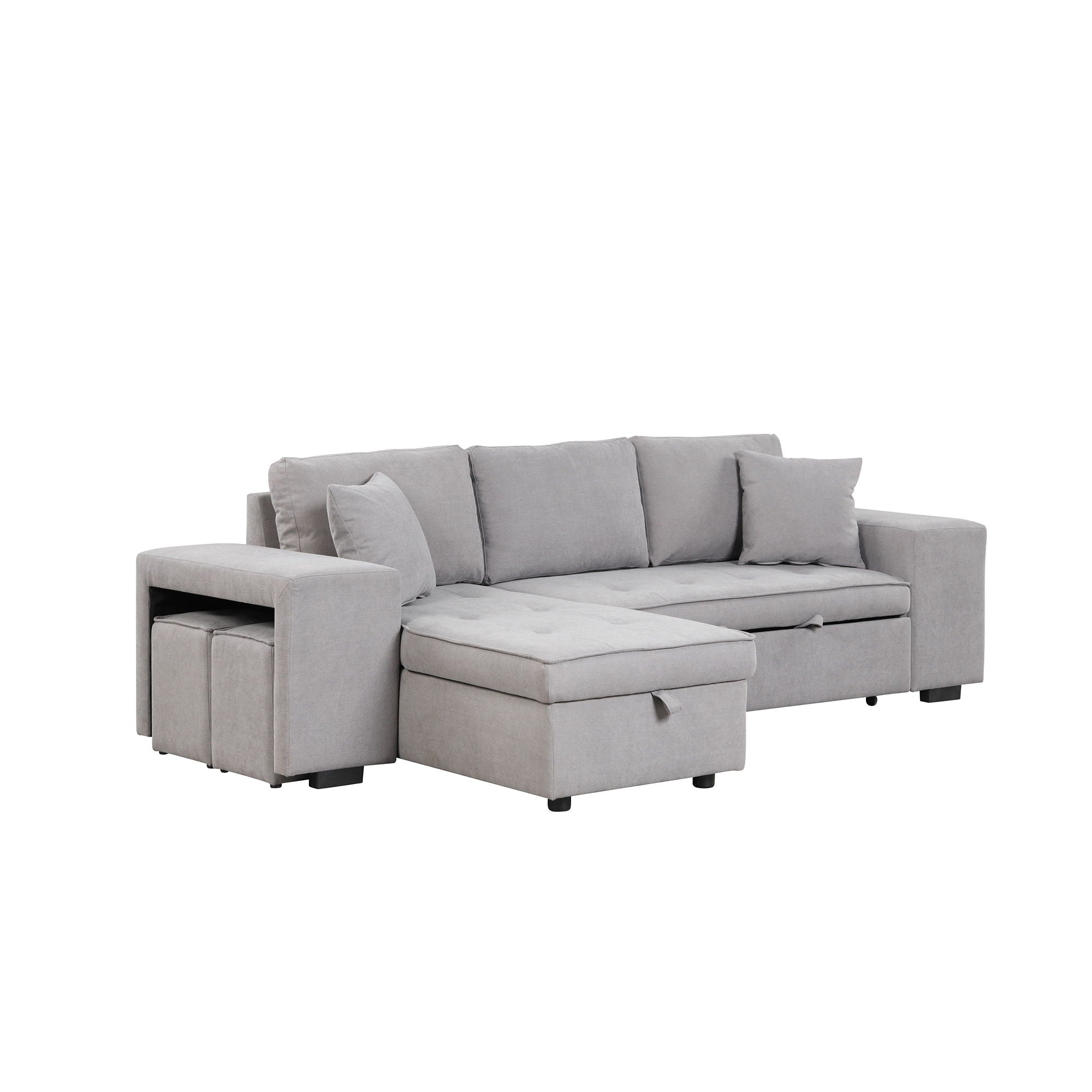 Pull Out Sleeper Sofa Reversible L-Shape 3 Seat Sectional Couch With Storage Chaise And 2 Stools For Living Room Furniture Set - Gray