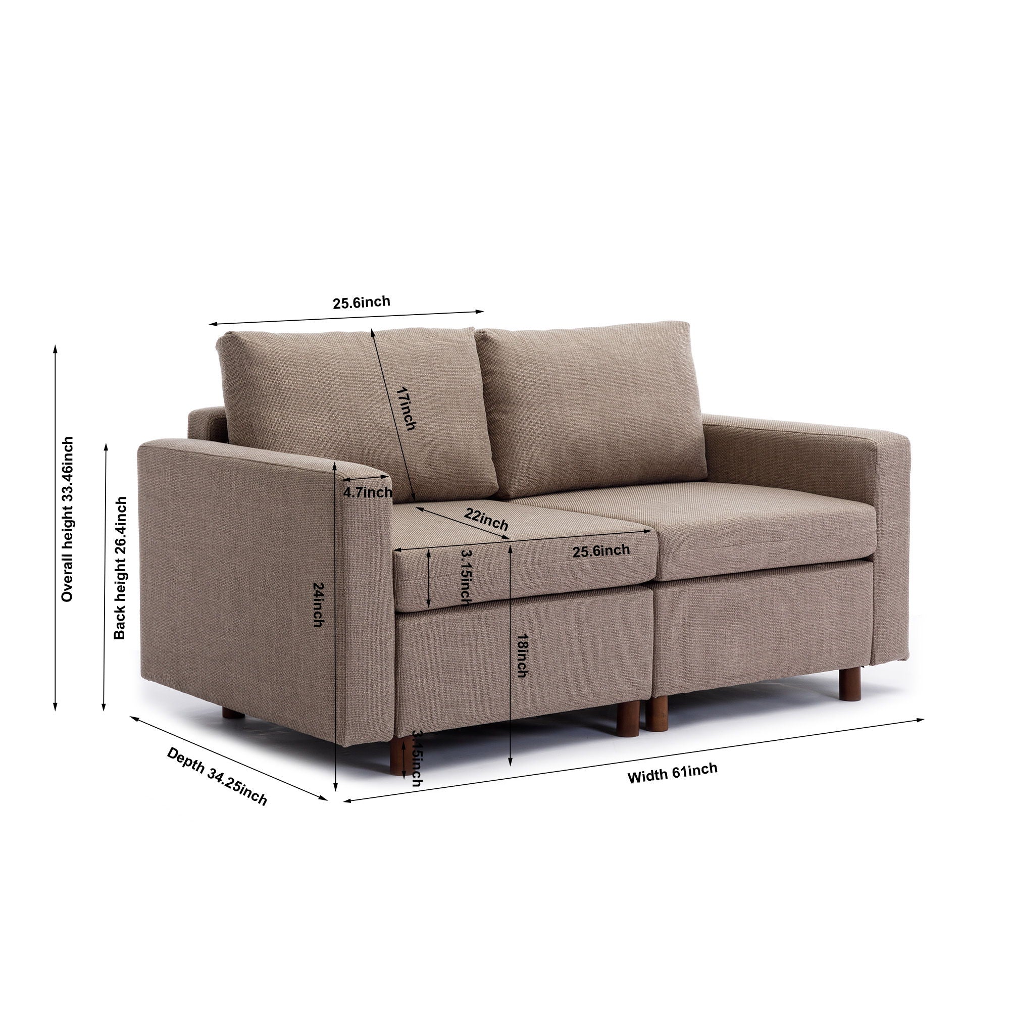 2 Seat Module Sectional Sofa Couch With 1 Ottoman For Living Room, Seat Cushion And Back Cushion Non-Removable And Non-Washable