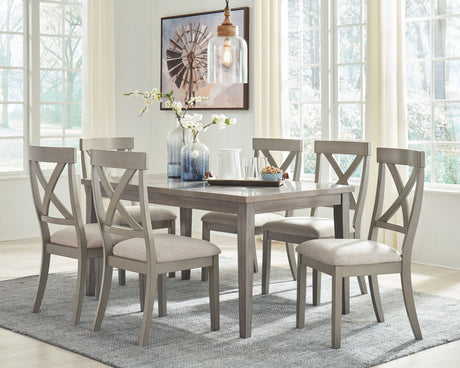Parellen - Dining Table Set Gray 7 Pc. - Rectangular Dining Room Table, 6 Upholstered Side Chairs by Signature Design by Ashley® | Bel Furniture