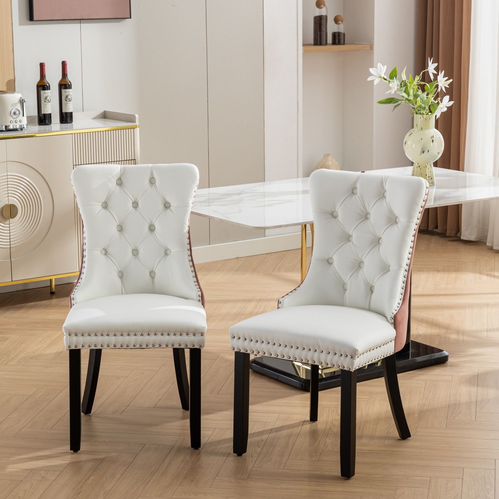 Nikki - Modern, High-End Tufted Solid Wood Contemporary PU And Velvet Upholstered Dining Chair With Wood Legs Nailhead Trim (Set of 2)