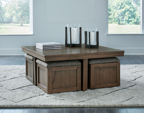 Boardernest - Brown - Cocktail Table With 4 Stools (Set of 5) by Signature Design by Ashley® | Bel Furniture