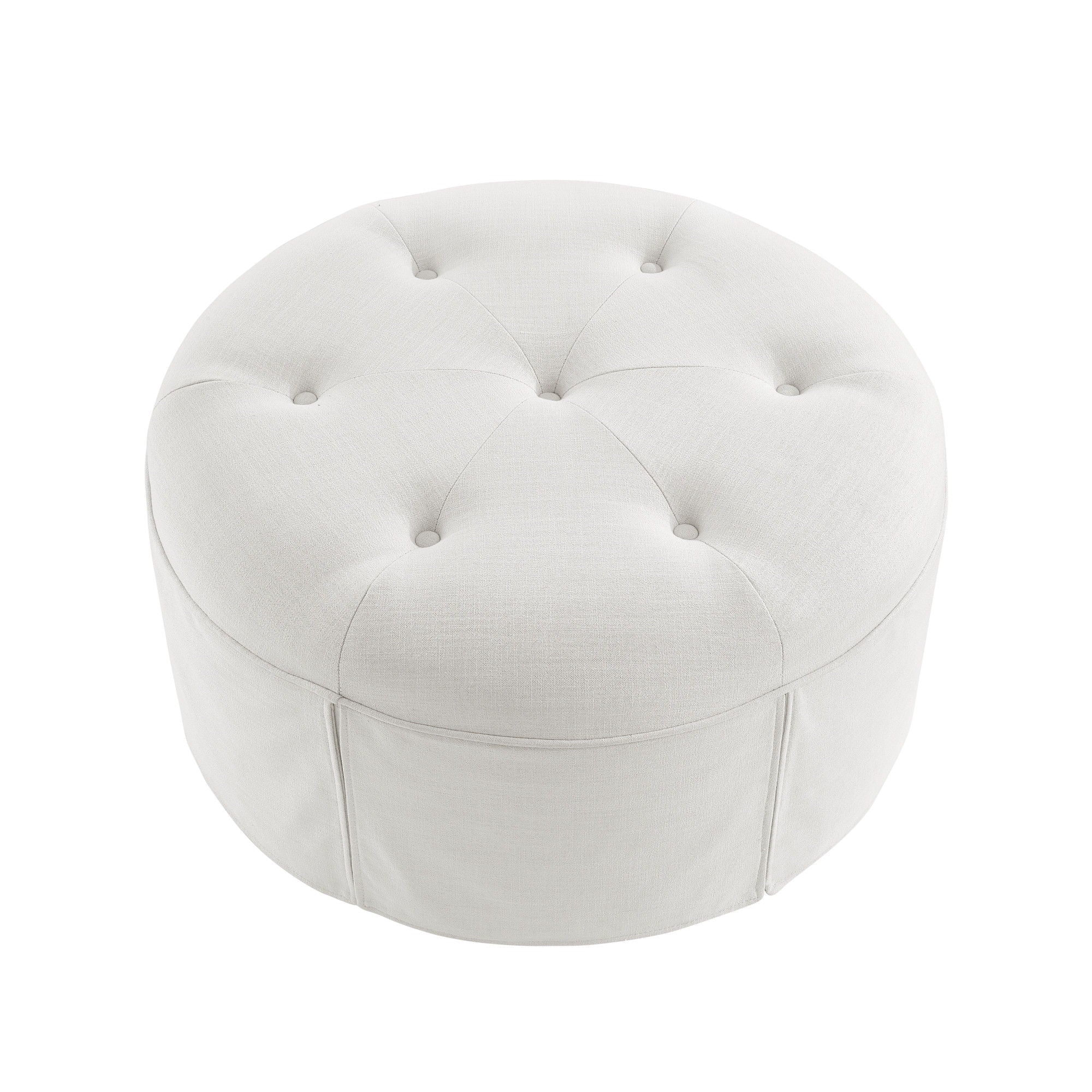 Linen Tufted Round Cocktail Ottoman - White