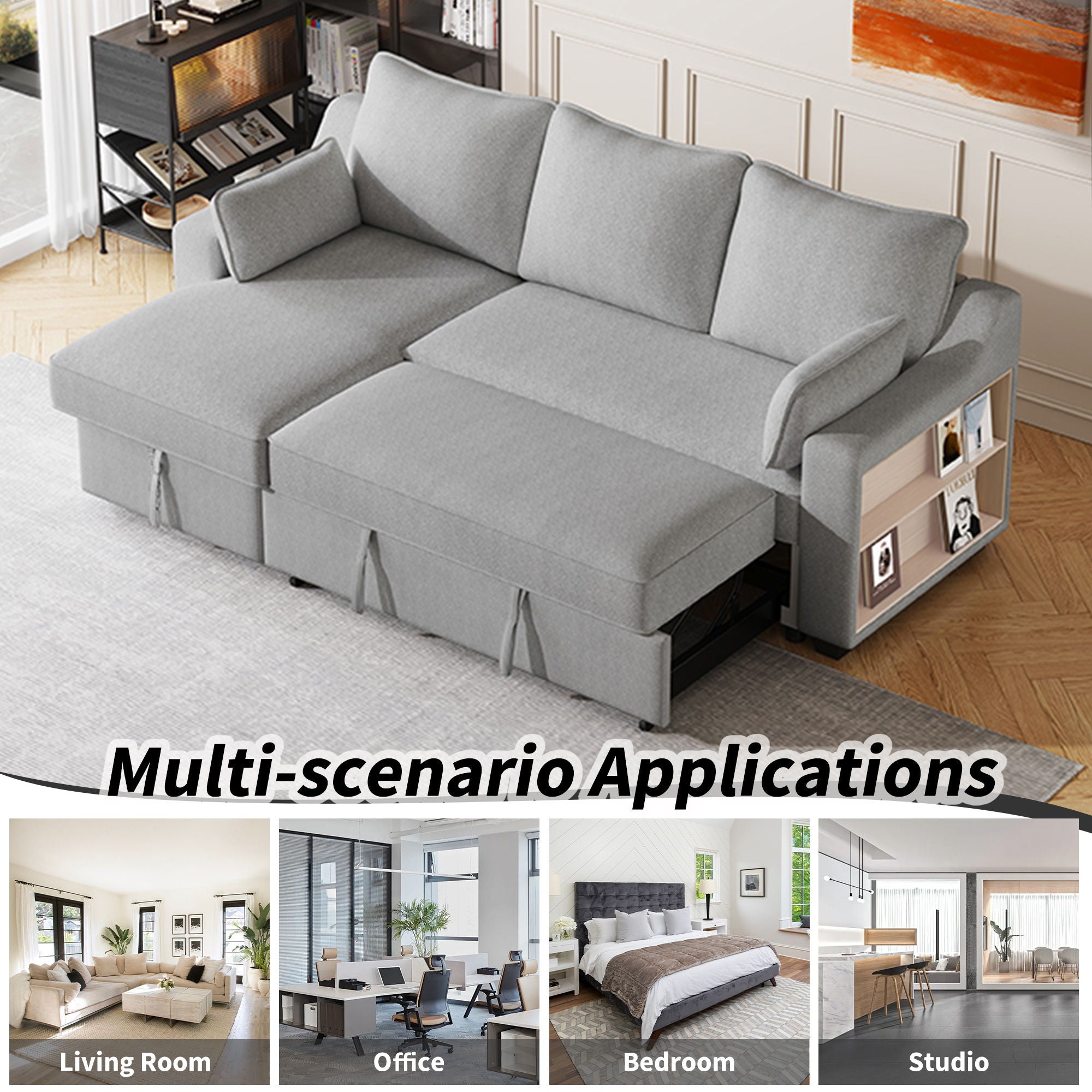 Pull Out Sleeper Sofa L-Shaped Couch Convertible Sofa Bed With Storage Chaise, Storage Racks And USB Ports