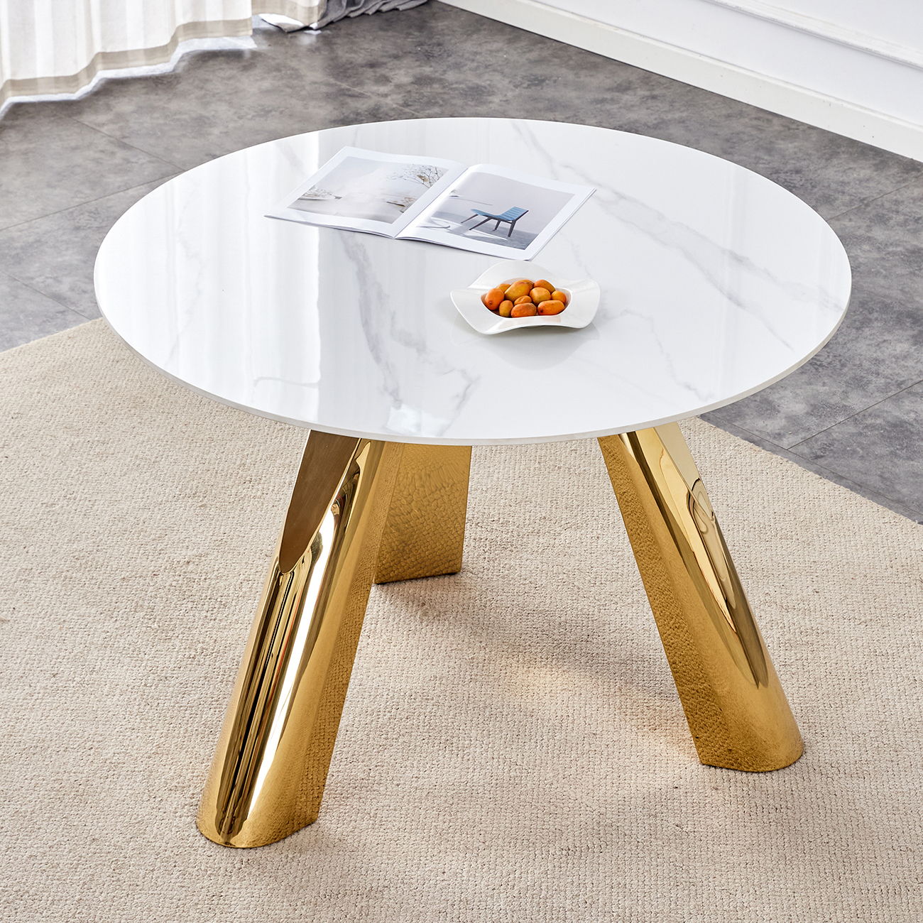 Marble Grained Stone Round Table Three - Legged Round Table With Stainless Steel Plated Legs Natural Healthy And Environmentally Friendly Round Table