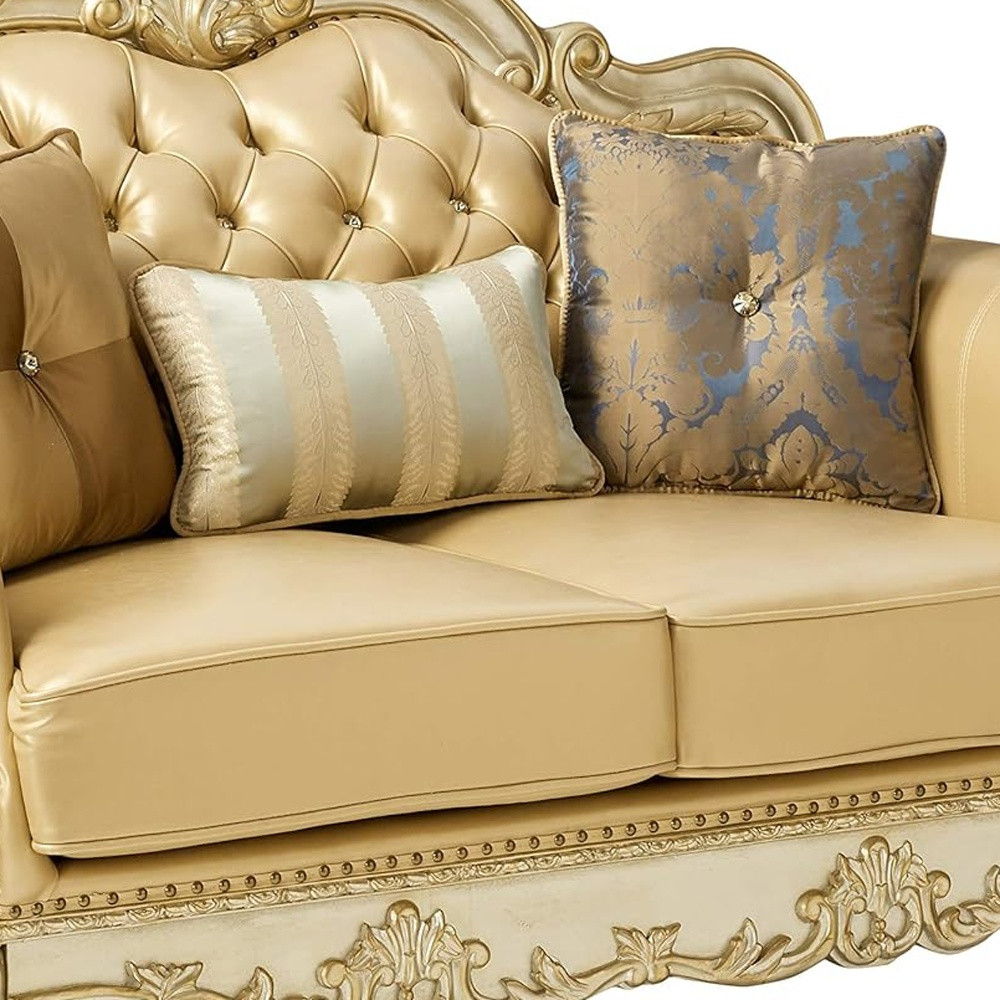 Faux Leather Loveseat And Toss Pillows - Bone / Gold