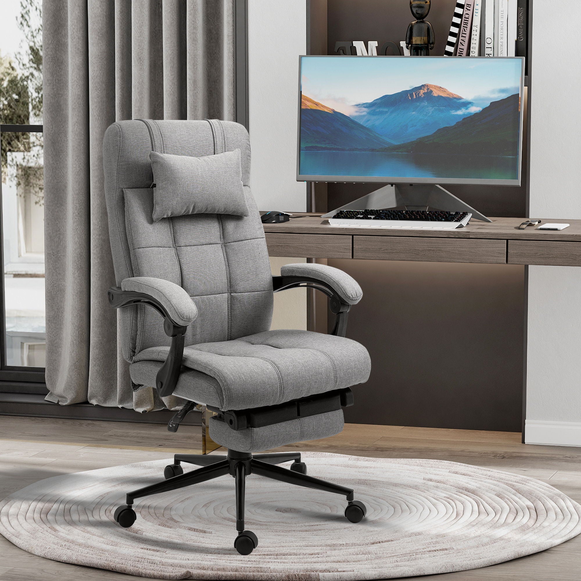 Vinsetto - Executive Linen-Feel Fabric Office Chair High Back Swivel Task Chair With Adjustable Height Upholstered Retractable Footrest, Headrest And Padded Armrest - Light Gray