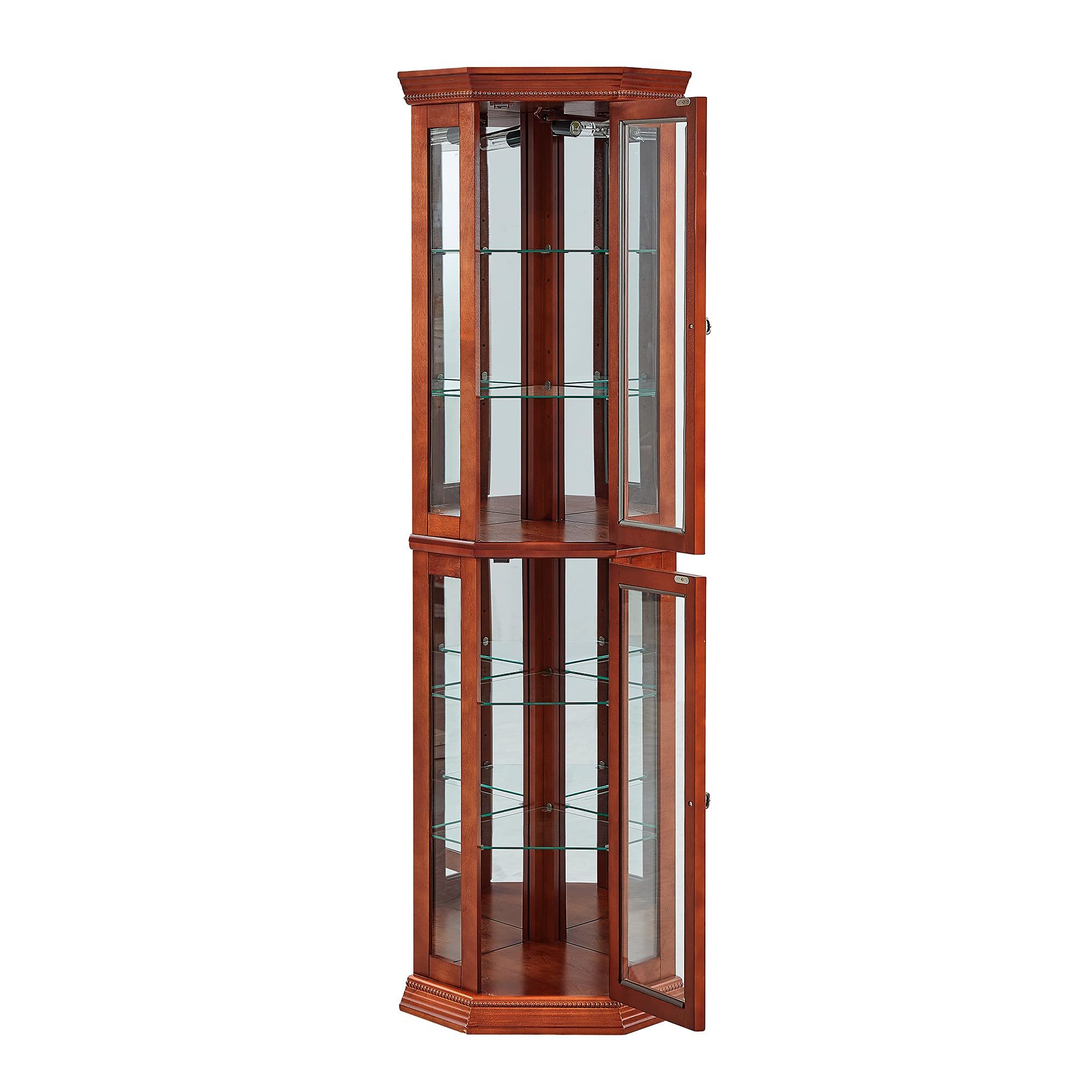 Corner Curio Cabinet With Lights, Adjustable Tempered Glass Shelves, Mirrored Back, Display Cabinet (E26 Light Bulb Not Included)