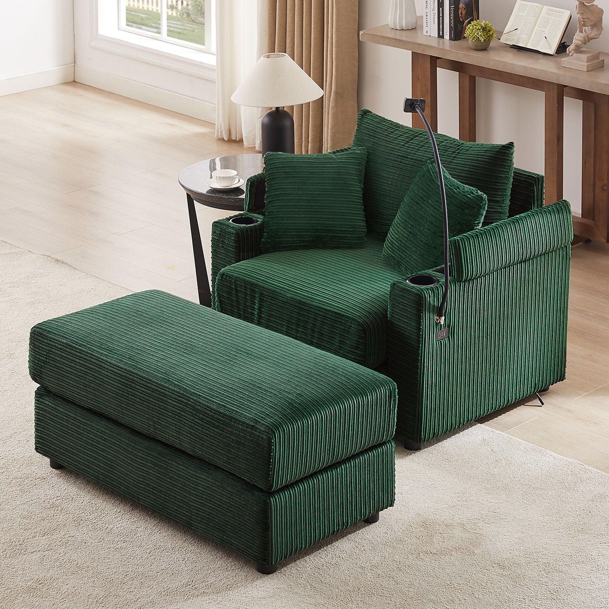 Modern Style Loveseat Sofa Sectional Sofa Couch With Storage Space, A Movable Ottoman, Two USB Ports, Two Cup Holders, A Phone Holder For Living Room