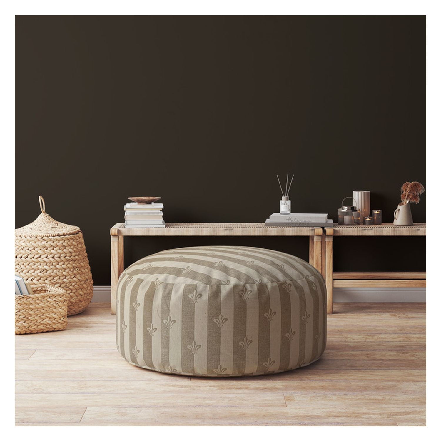 Cotton Round Floral Pouf Ottoman - Taupe