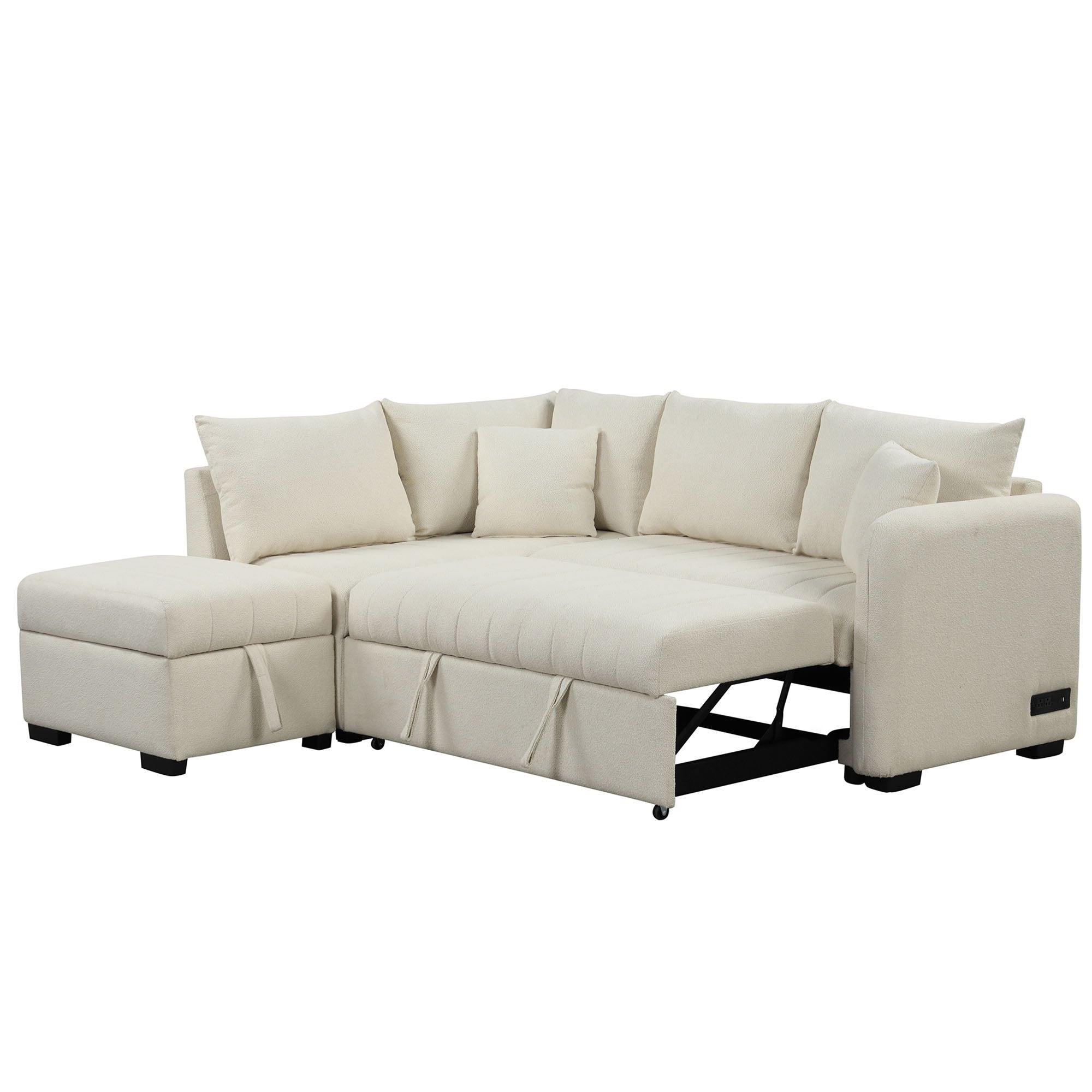 L-Shaped Sectional Pull Out Sofa Bed Sleeper Sofa With Two USB Ports, Two Power Sockets And A Movable Storage Ottoman