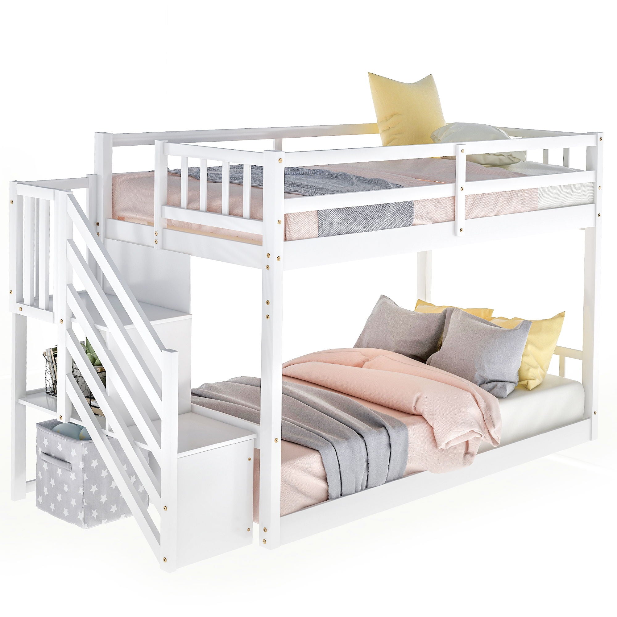 Twin Over Twin Floor Bunk Bed, Ladder With Storage