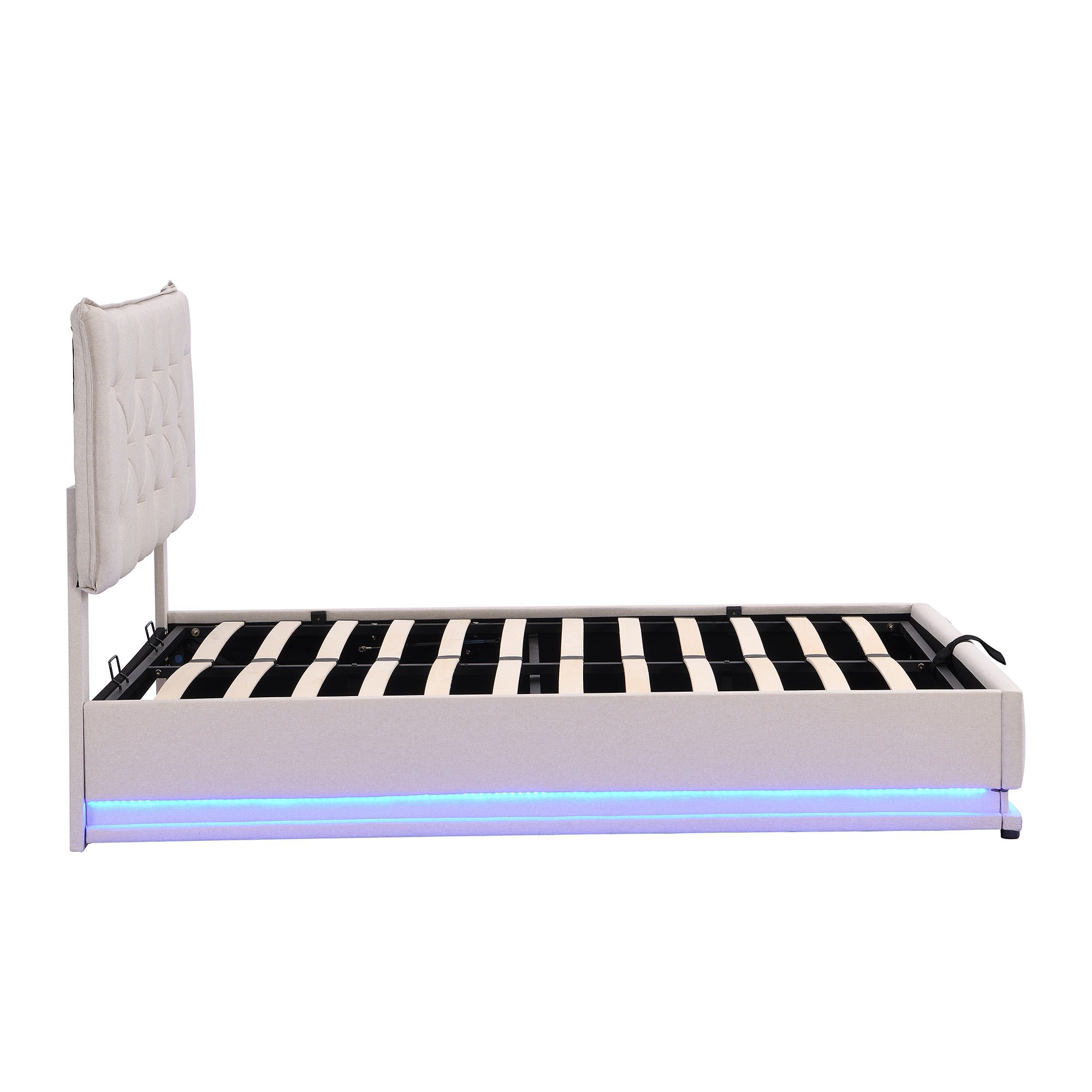 Upholstered Bed With Hydraulic Storage System And LED Light, Modern Platform Bed With Button-Tufted Design Headboard