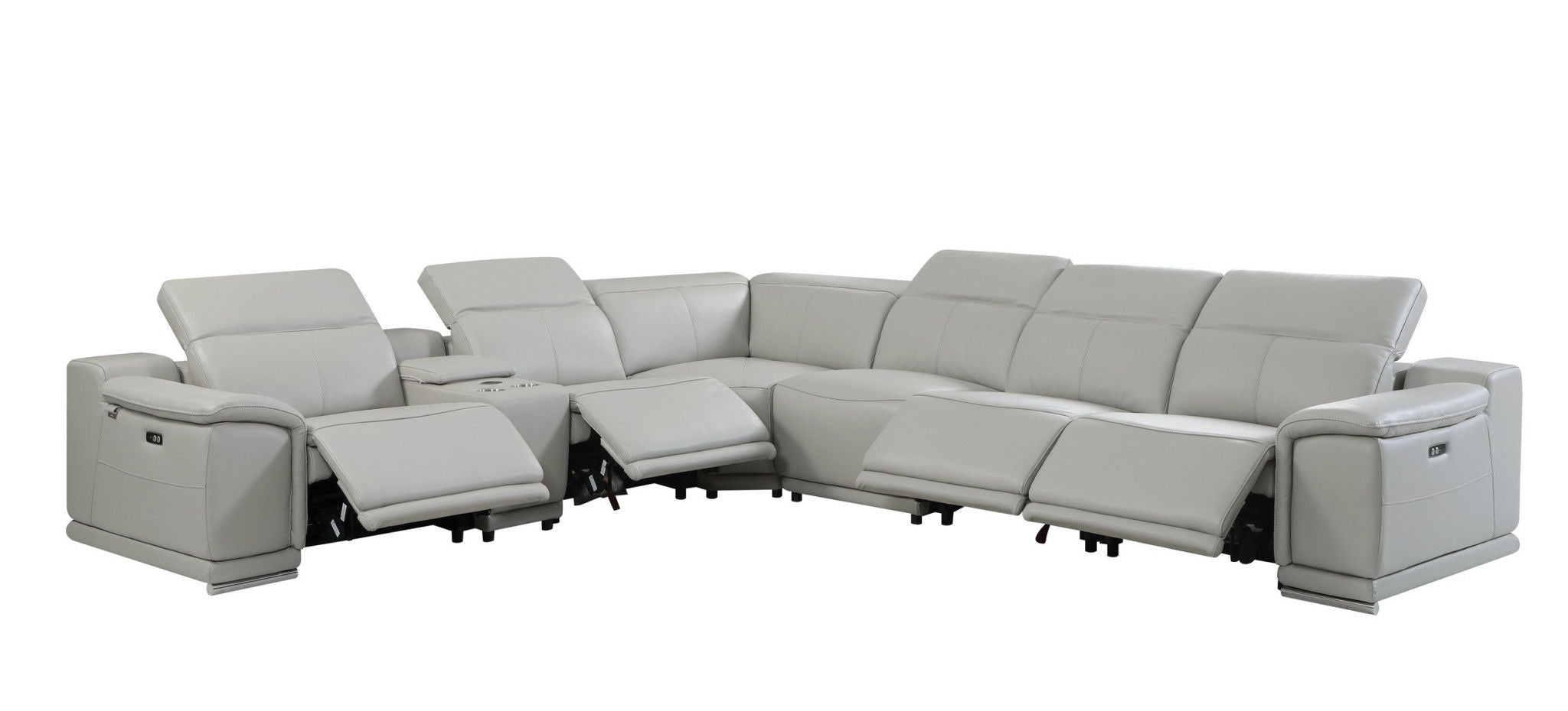 Italian Leather Power Reclining U Shaped Seven Piece Corner Sectional With Console - Light Gray