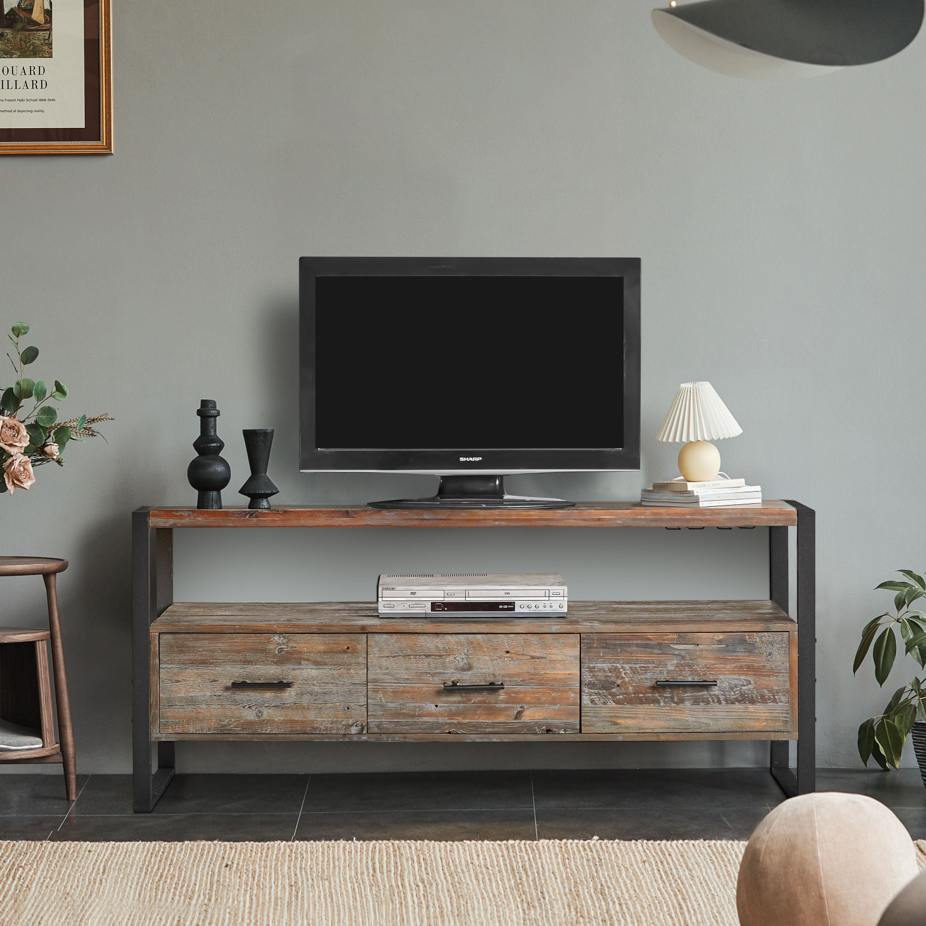 Reclaimed Wood Media TV Console Table With 3 Drarwer, Open Shelf - Antique Gray