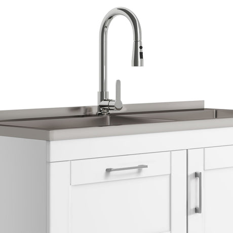 Shaker - Modern Wide Laundry Cabinet With Faucet And Stainless Steel Sink - White by Simpli-Home | Bel Furniture