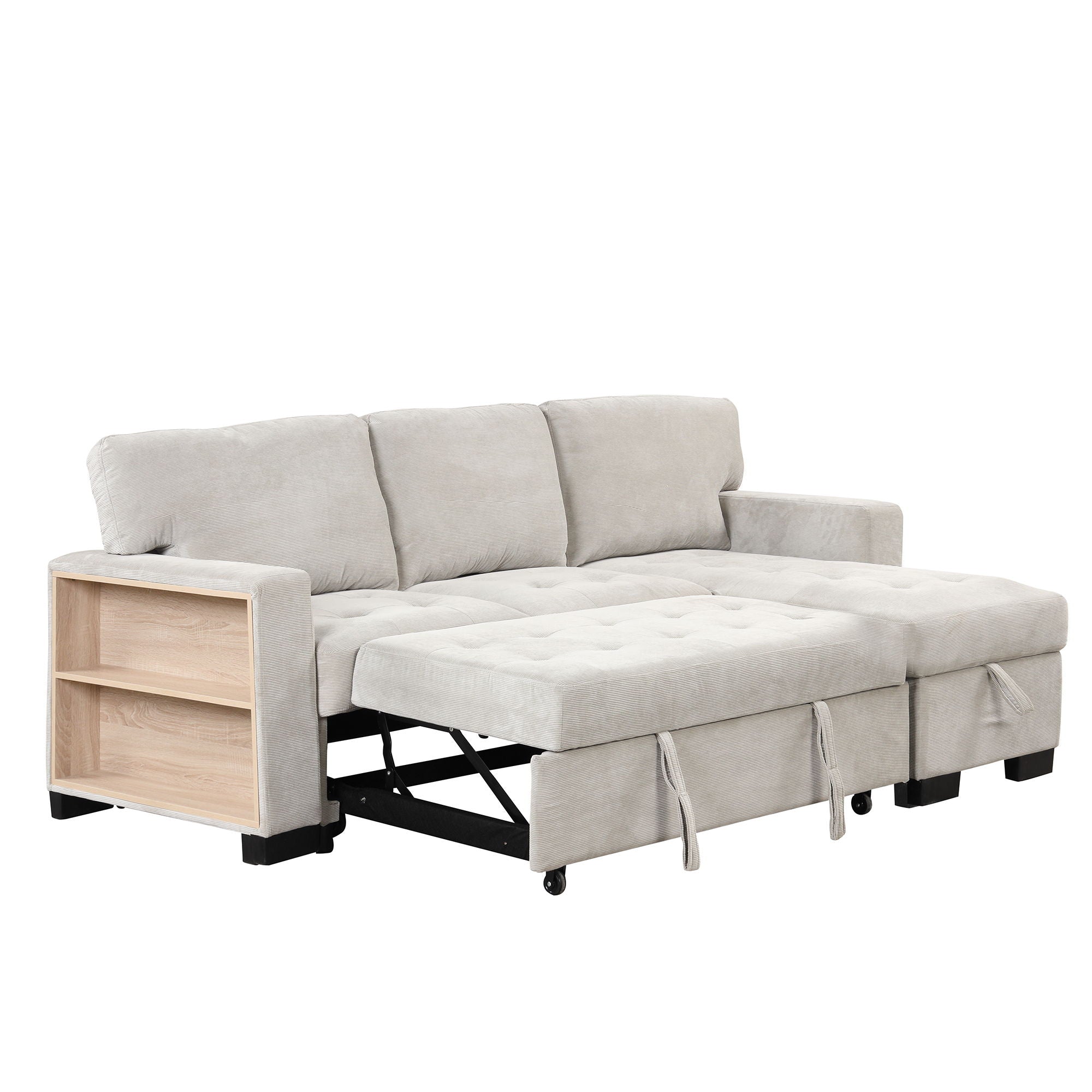 Stylish And Functional Light Chaise Lounge Sectional With Storage Rack Pull-Out Bed Drop Down Table And USB Charger