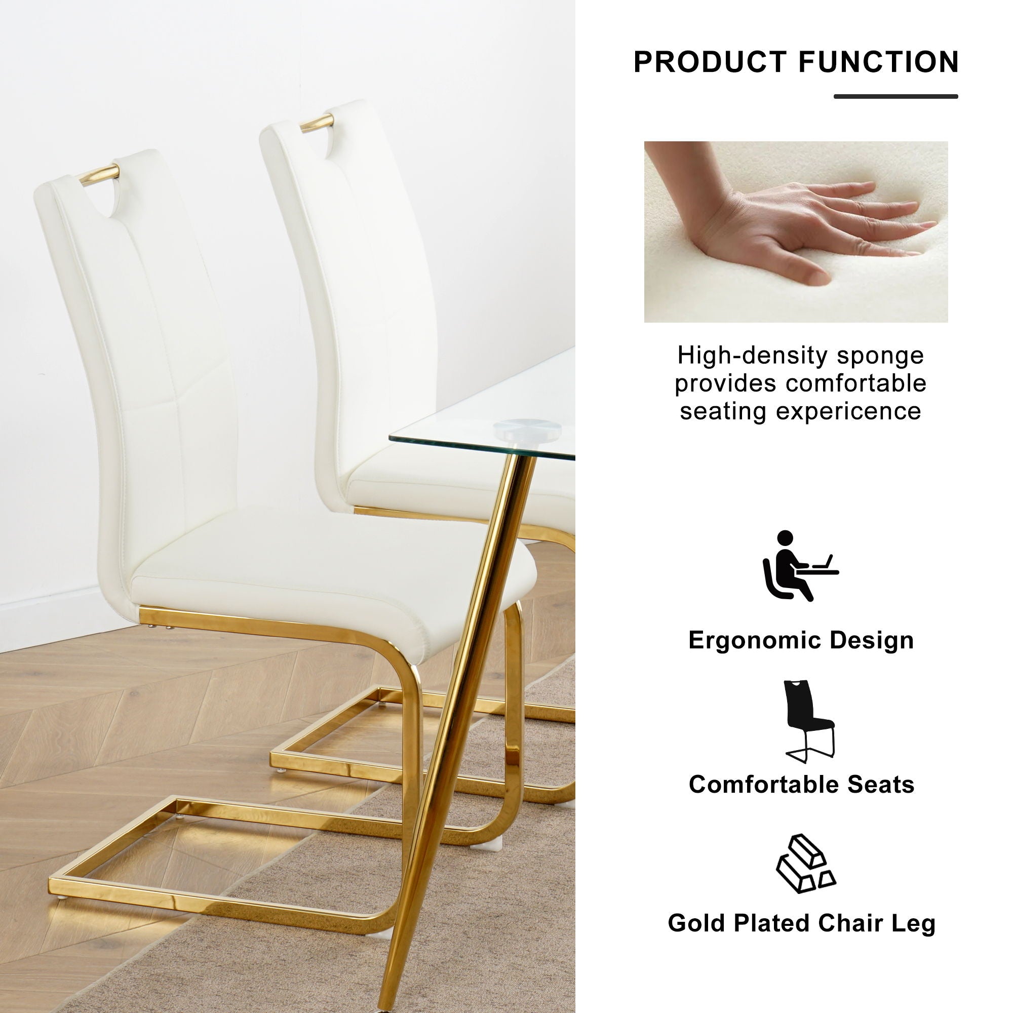 Modern Style Glass Dining Table With Elegant Transparent Design, Solid Support Base, Pale Yellow Dining Chair Set With Gold-Plated Legs, Suitable For Restaurant Kitchens