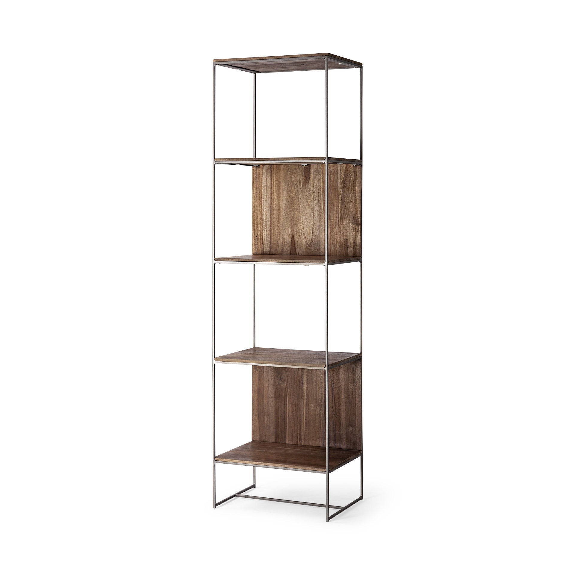 Wood And Silver Metal Frame With 4 Shelf Shelving Unit - Brown