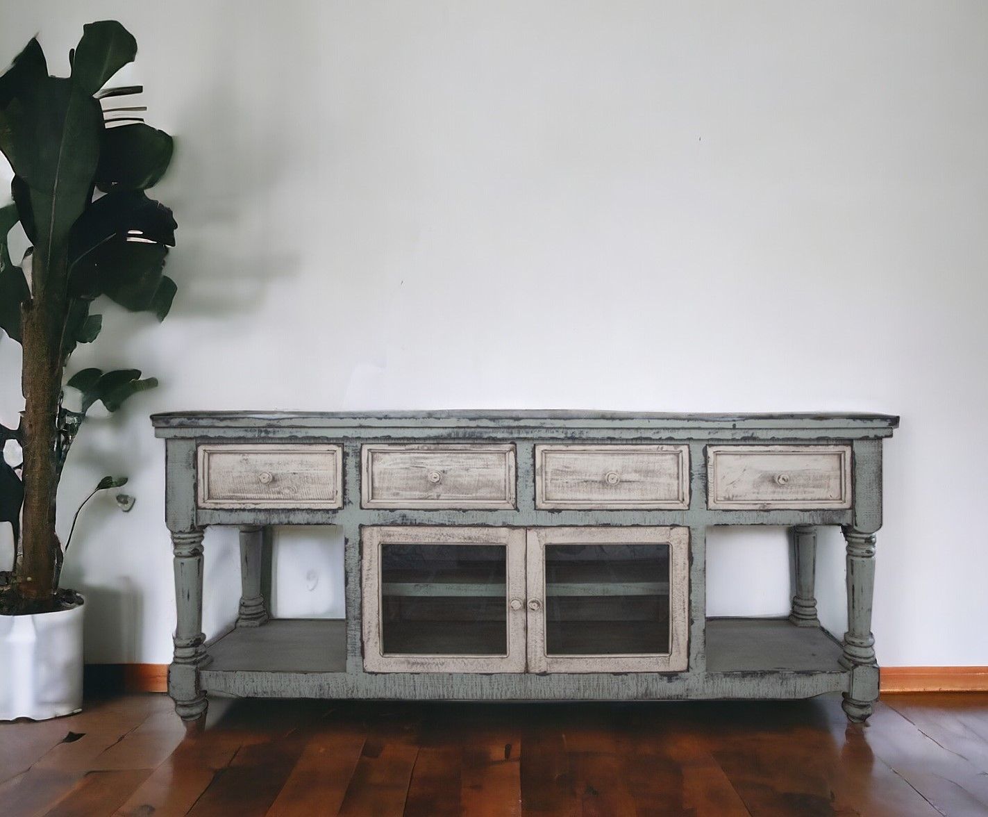 Solid Wood Open Shelving Distressed TV Stand - Blue / White