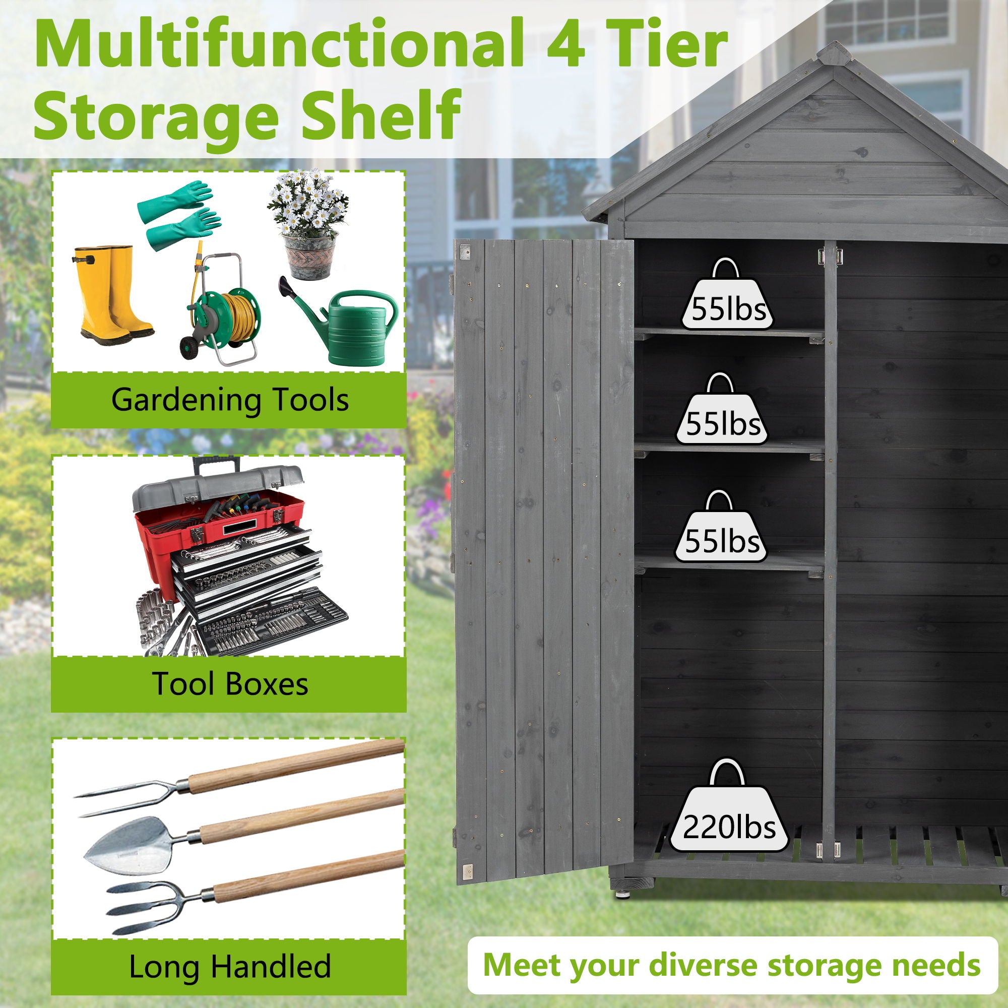 Outdoor Storage Cabinet, Garden Wood Tool Shed, Outside Wooden Shed Closet With Shelves And Latch For Yard