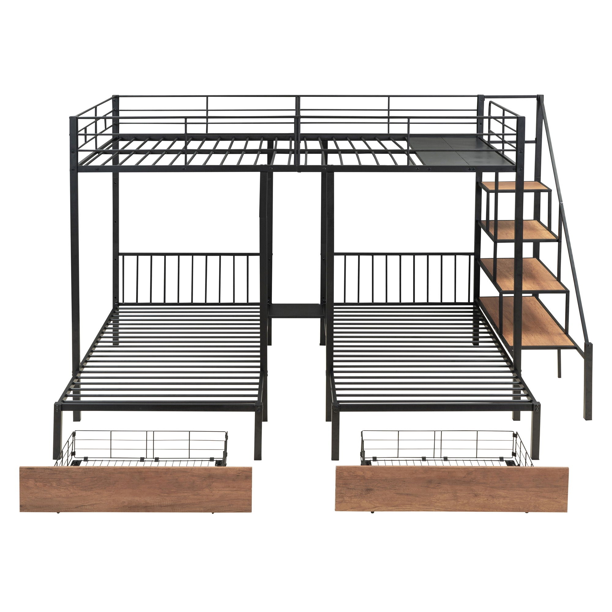 Full Over Twin-Twin Triple Bunk Bed With Drawers And Staircase - Black