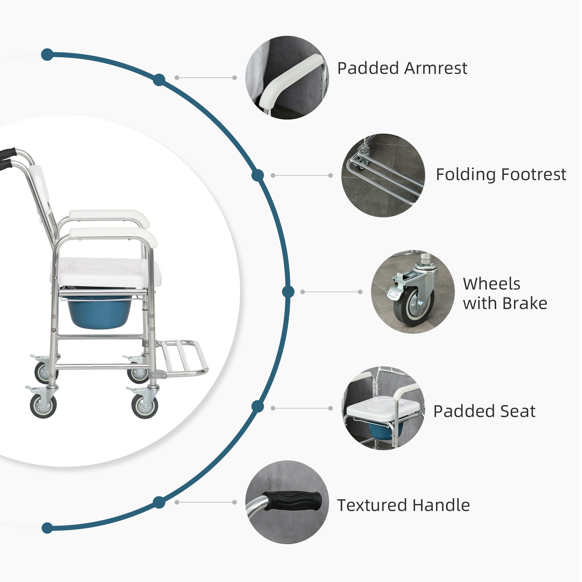 Homcom - Shower Commode Wheelchair, Padded Seat, 330 Lbs - White