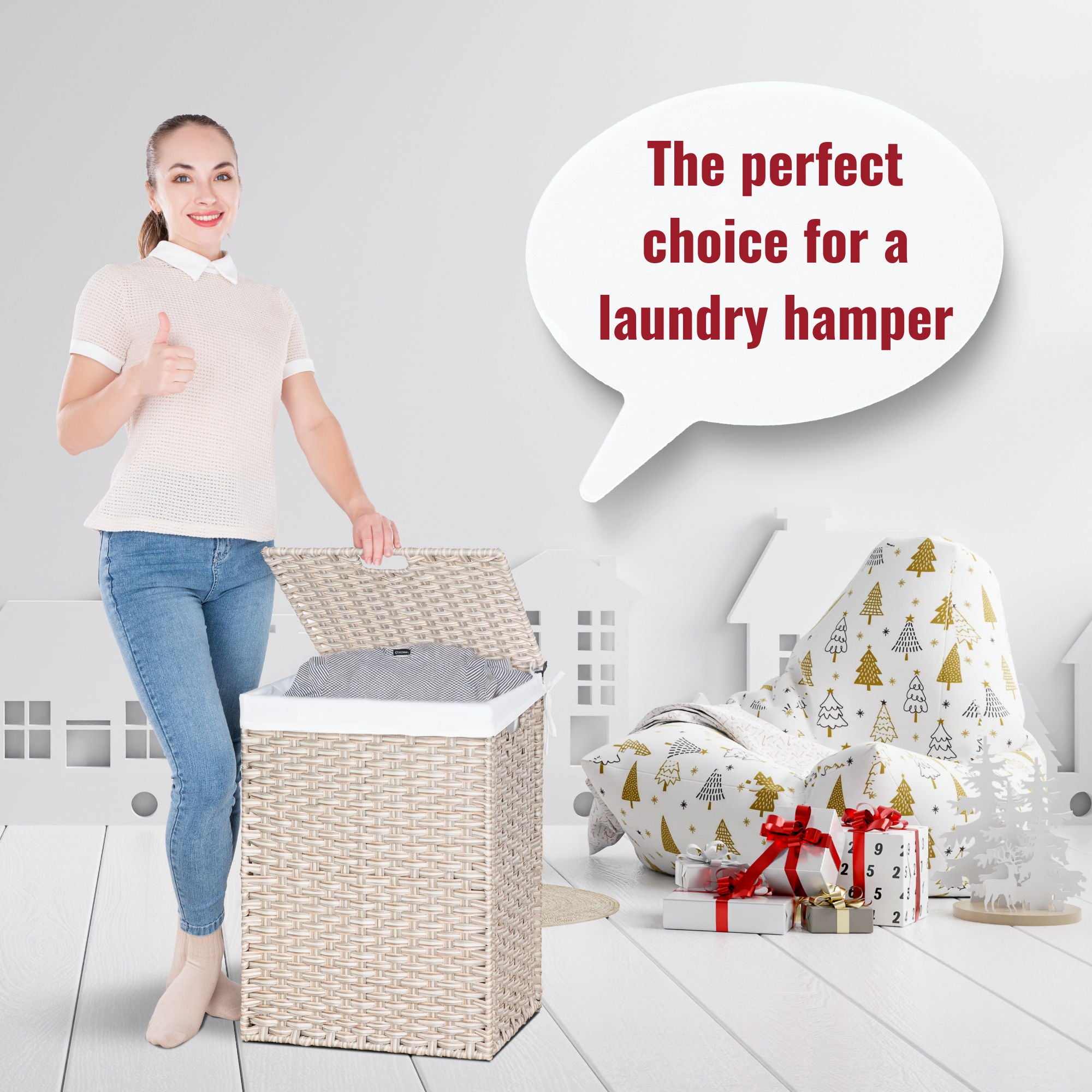 Laundry Hamper With Lid PE Rattan Powder Coating Frame Clothes Hampers With 2 Removable Bags