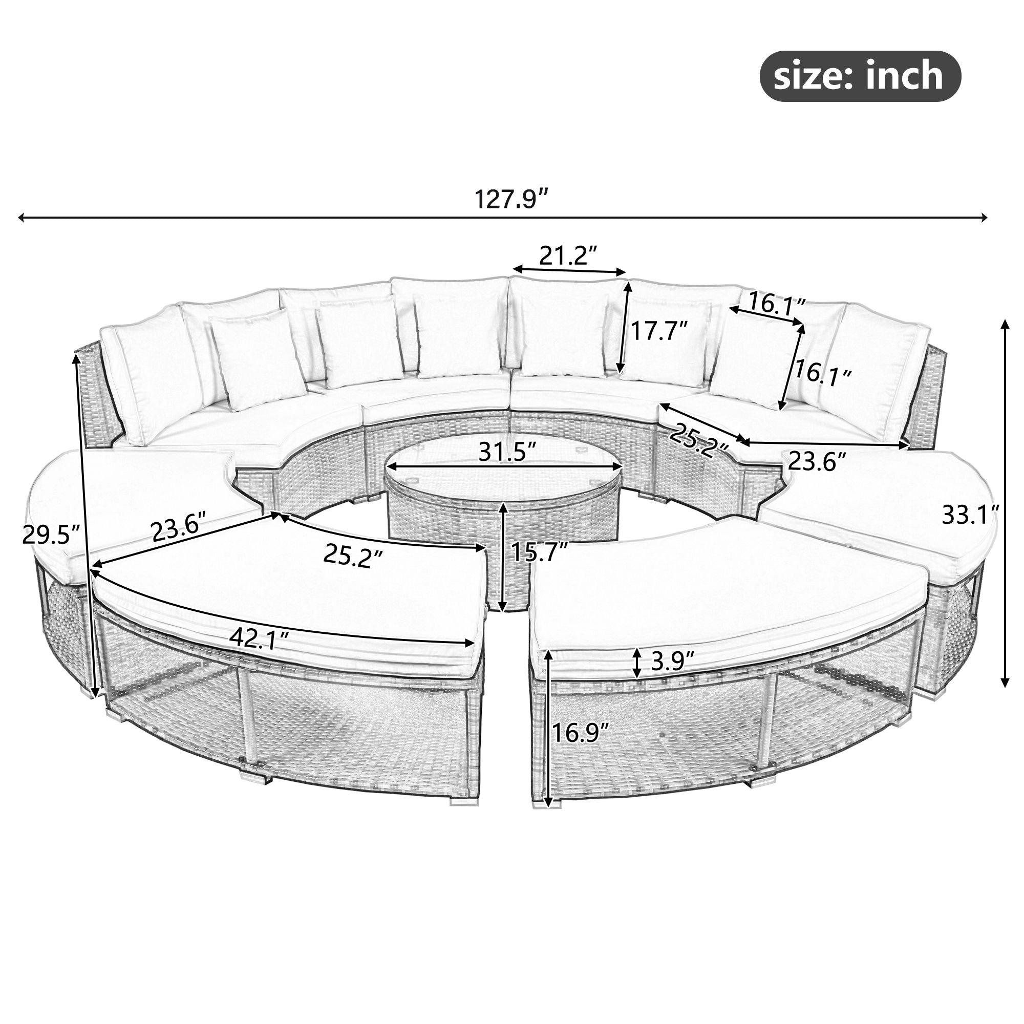 Outdoor Patio Furniture Luxury Circular Sofa Set Rattan Wicker Sectional Sofa Lounge Set With Tempered Glass Coffee Table, 6 Pillows