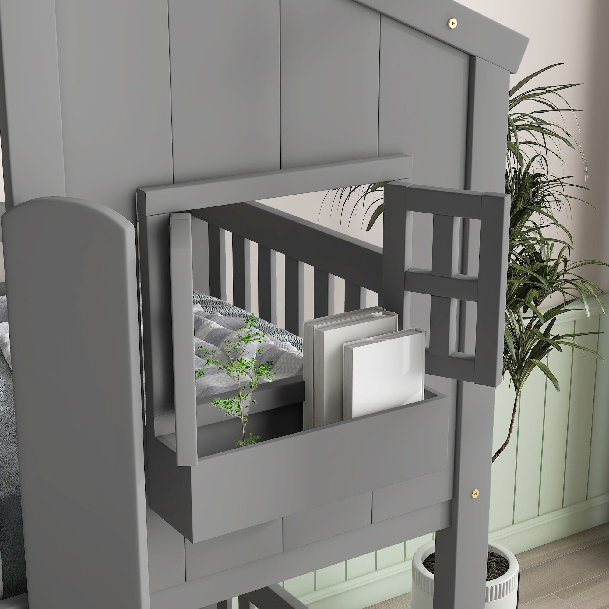 House Bunk Bed With Roof, Window, Window Box, Door, With Safety Guardrails And Ladder