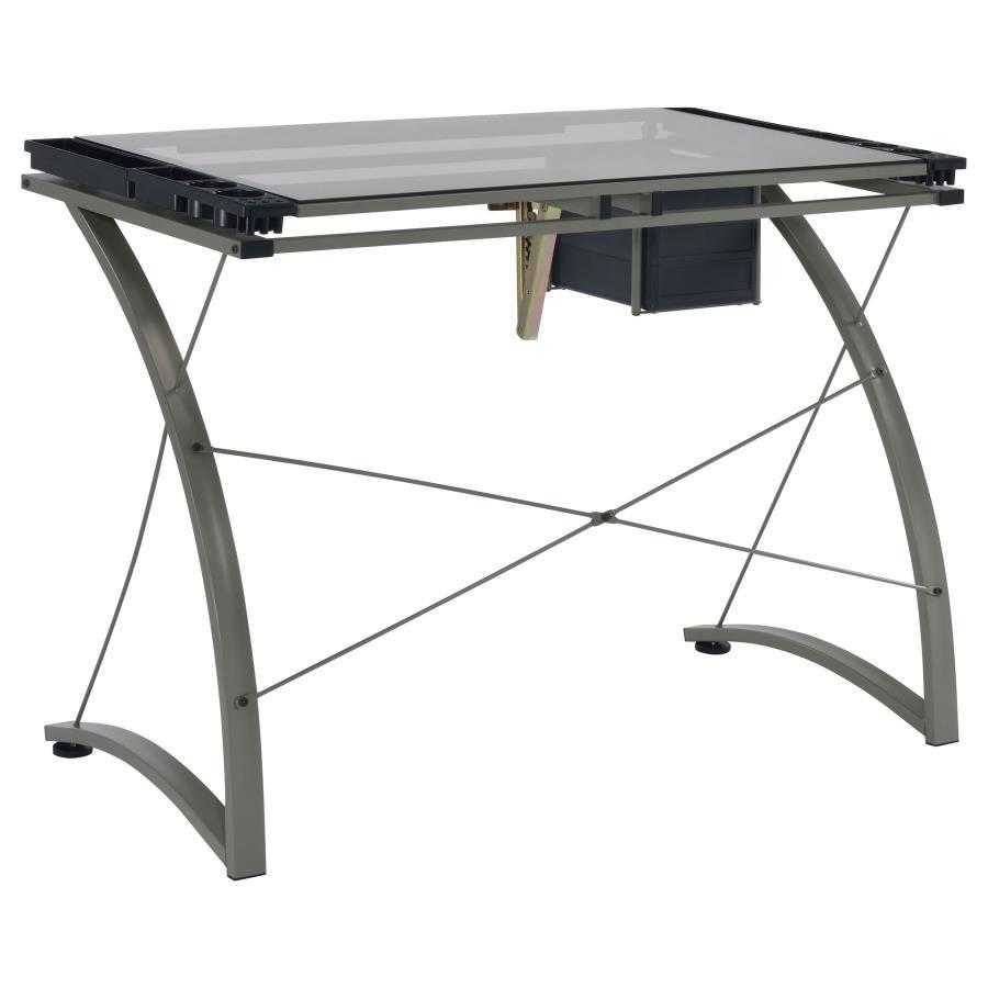 Melo - Glass Top DRAFting Table With Storage - Silver by CoasterEveryday | Bel Furniture