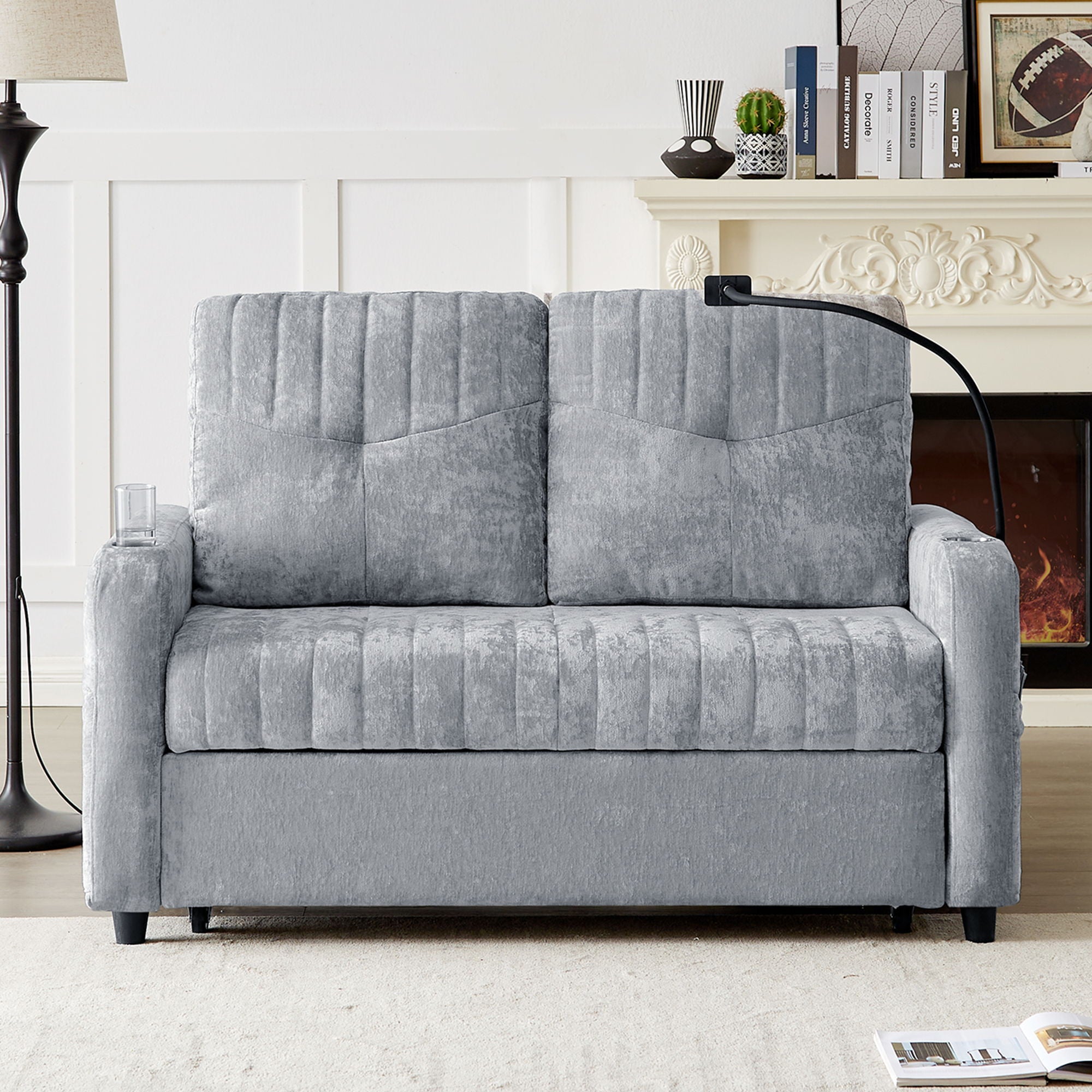 Modern Loveseat Pull Out Sofa Bed With Adjustable Backrest, Two Cup Holders, A Phone Holder, Three Charging Ports And Side Storage Pockets For Living Room