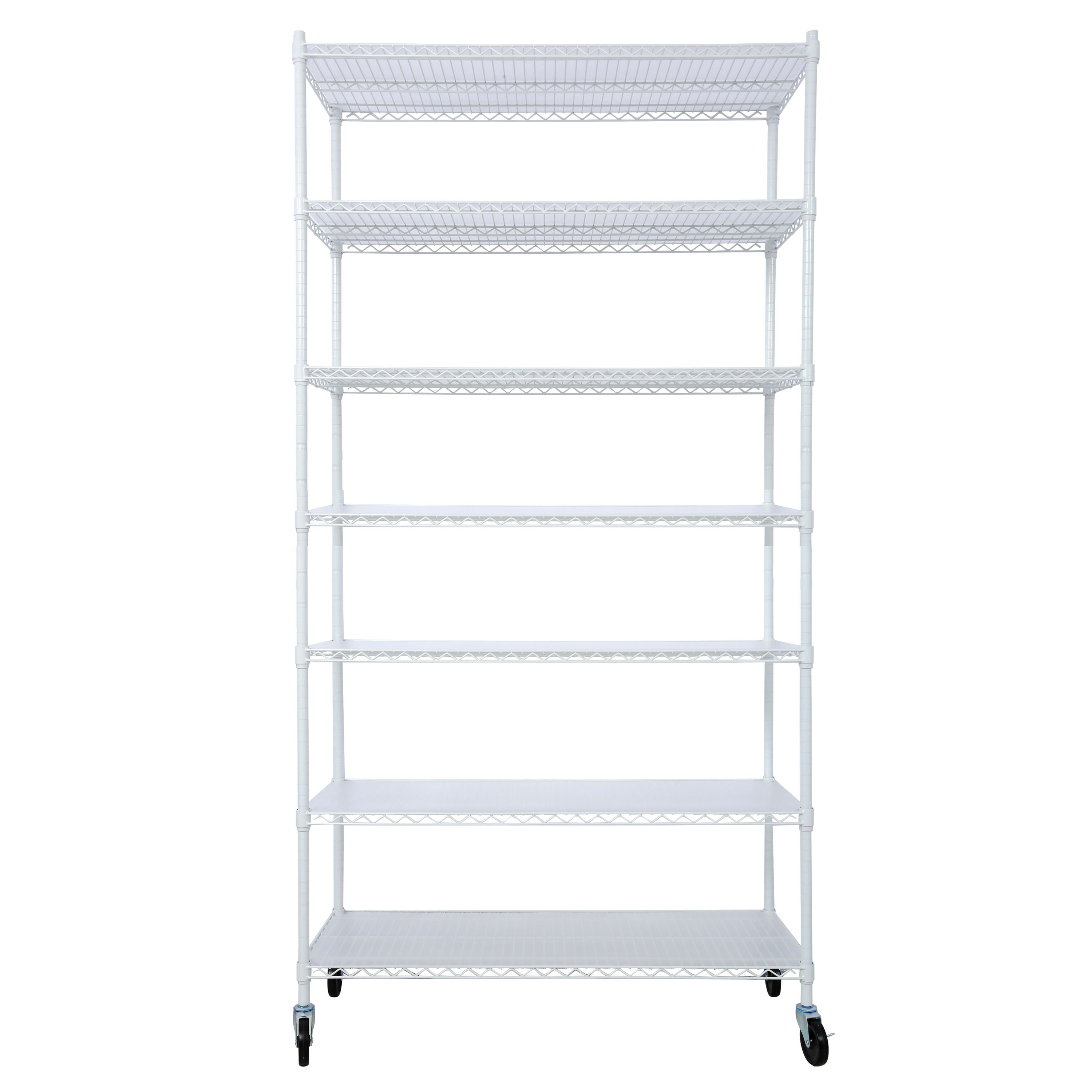 7 Tier Metal Shelf Wire Shelving Unit, 2450Lbs Heavy Duty Adjustable Storage Rack With Wheels & Shelf Liners For Closet Kitchen Garage Basement Commercial Shelving