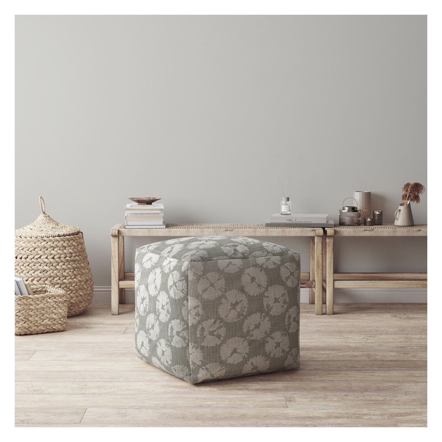 Canvas Floral Pouf Ottoman - Gray