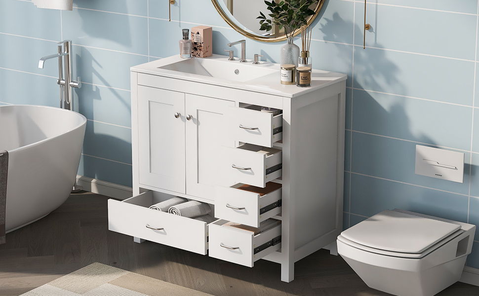 Bathroom Vanity With Ceramic Sink Combo, Abundant Storage Cabinet -2 Soft-Close Doors And 5 Drawers