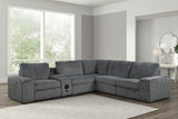 Amelia Charcoal Corduroy Fabric Power Reclining Sectional with Storage Console & Bluetooth Speakers
