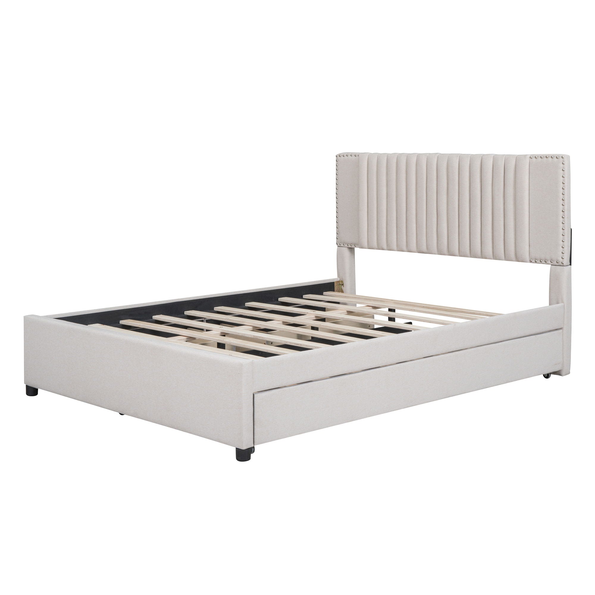 Upholstered Platform Bed With 2 Drawers And 1 Trundle, Classic Headboard Design