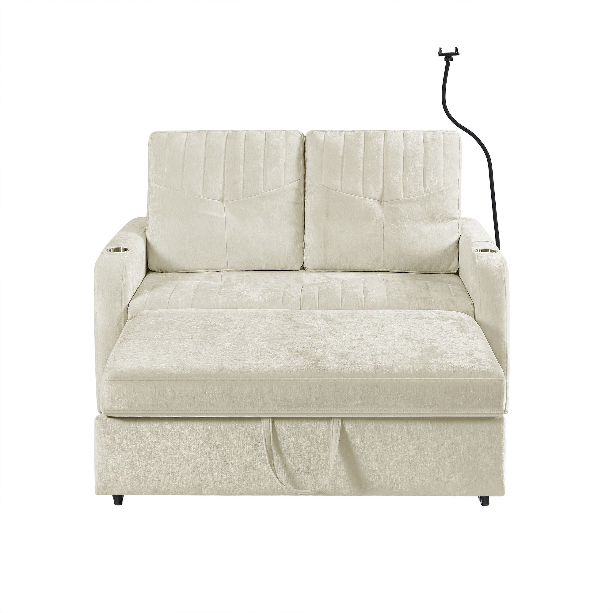 Modern Loveseat Pull Out Sofa Bed With Adjustable Backrest, Two Cup Holders, A Phone Holder, Three Charging Ports And Side Storage Pockets For Living Room