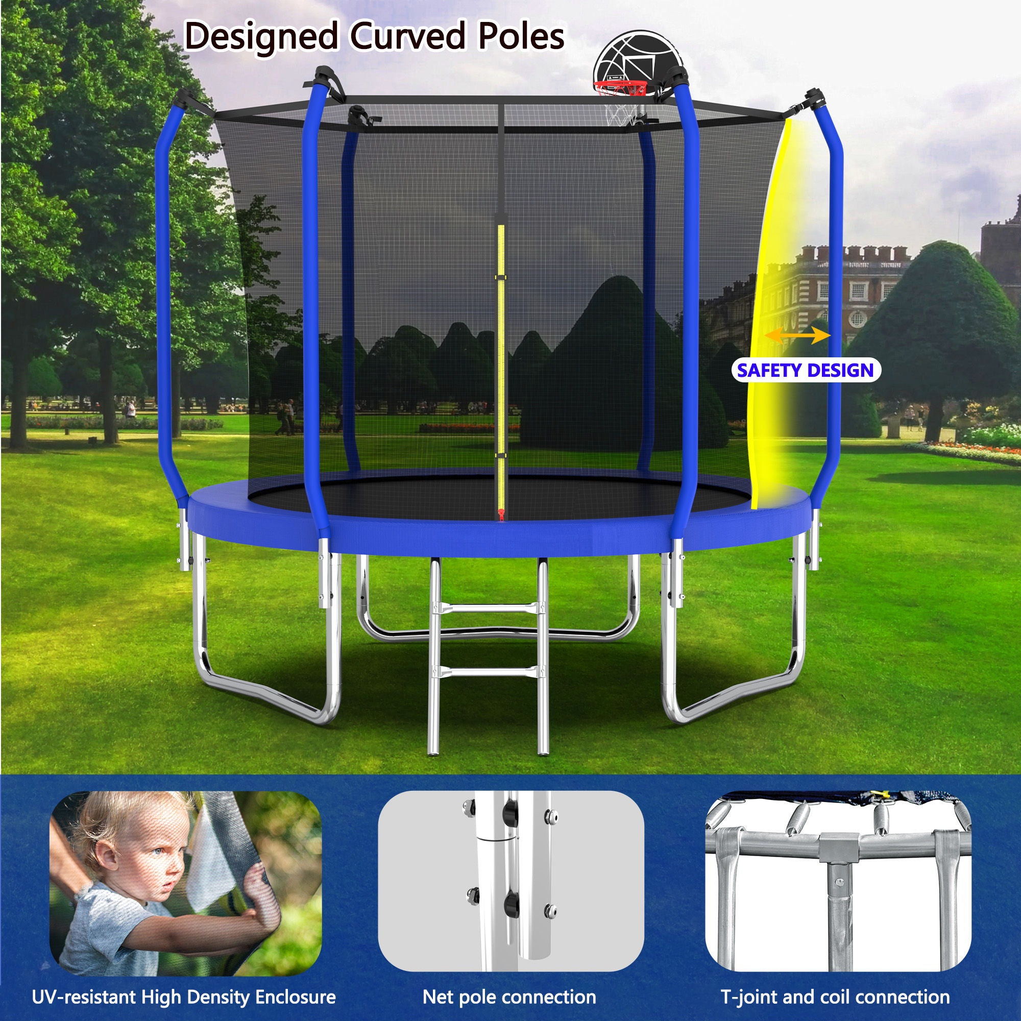 Trampoline With Basketball Hoop, Astm Approved Reinforced Type Outdoor Trampoline With Enclosure Net