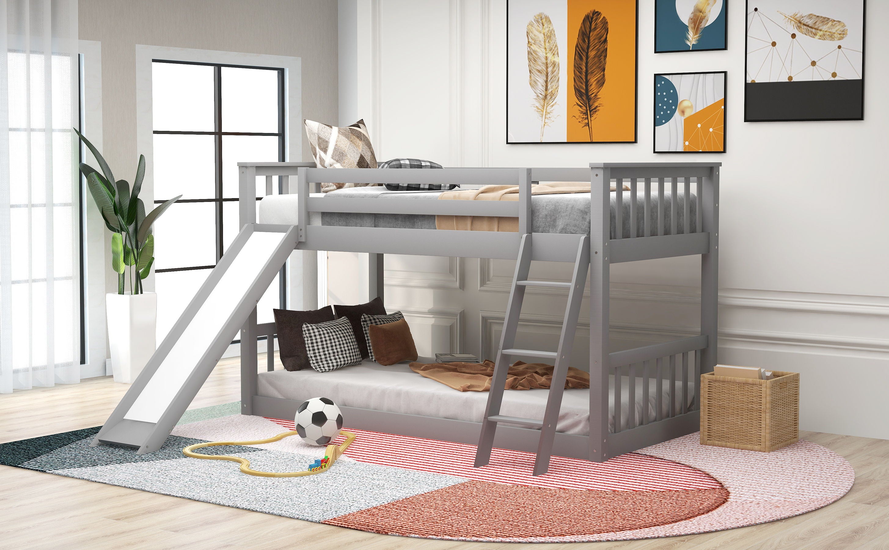 Twin Over Twin Bunk Bed With Convertible Slide And Ladder - Gray