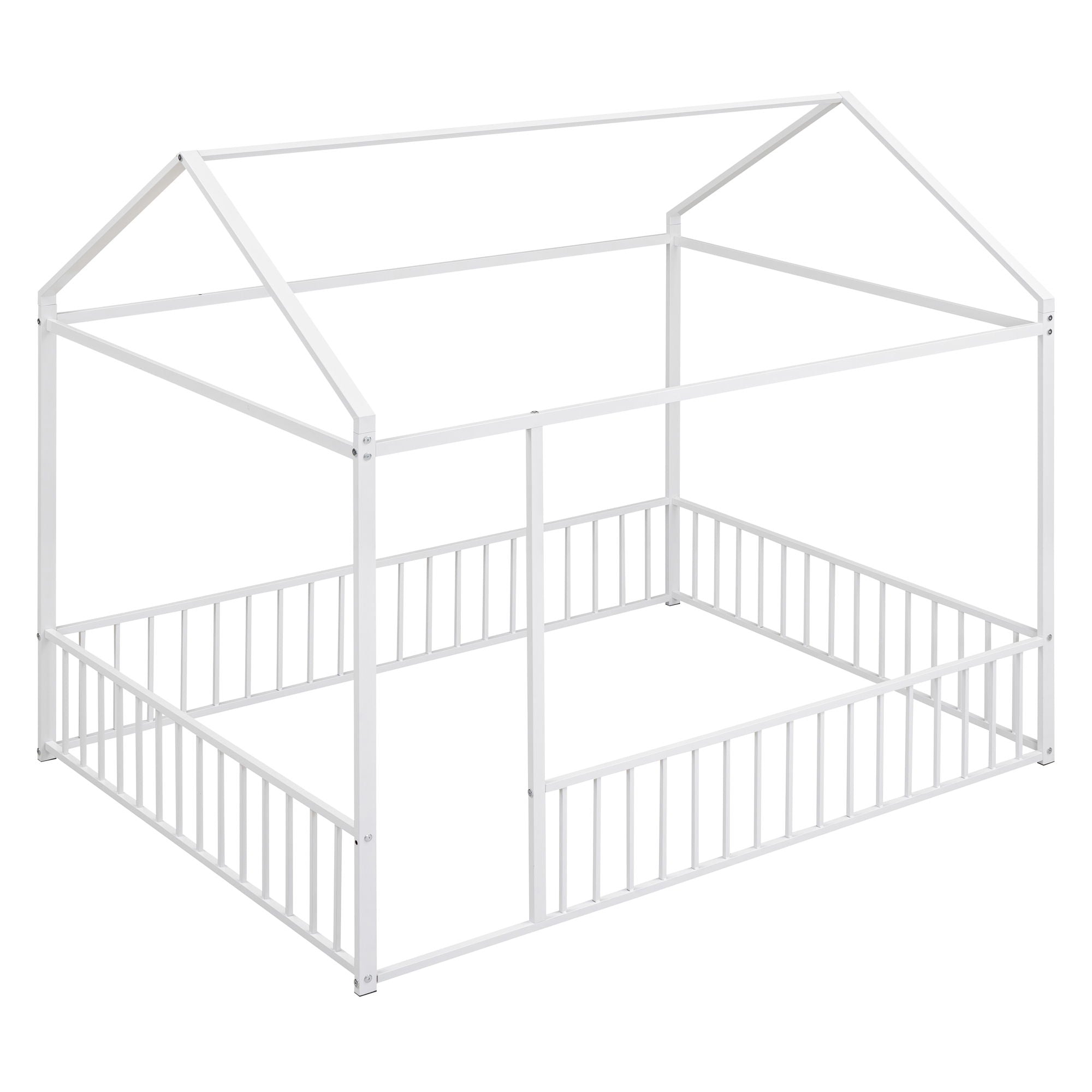 Metal Bed House Bed Frame With Fence, For Kids, Teens, Girls, Boys