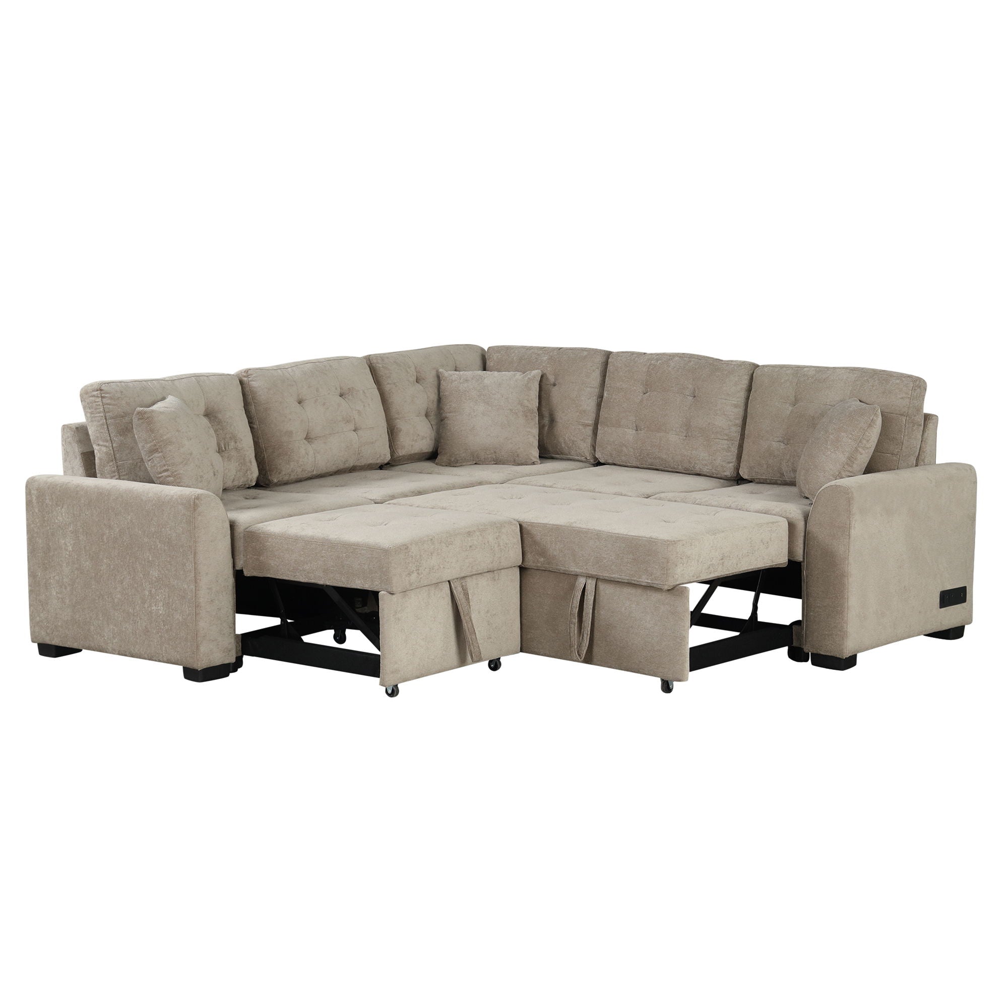 L-Shape Sofa Bed Pull-Out Sleeper Sofa With Wheels, USB Ports, Power Sockets For Living Room