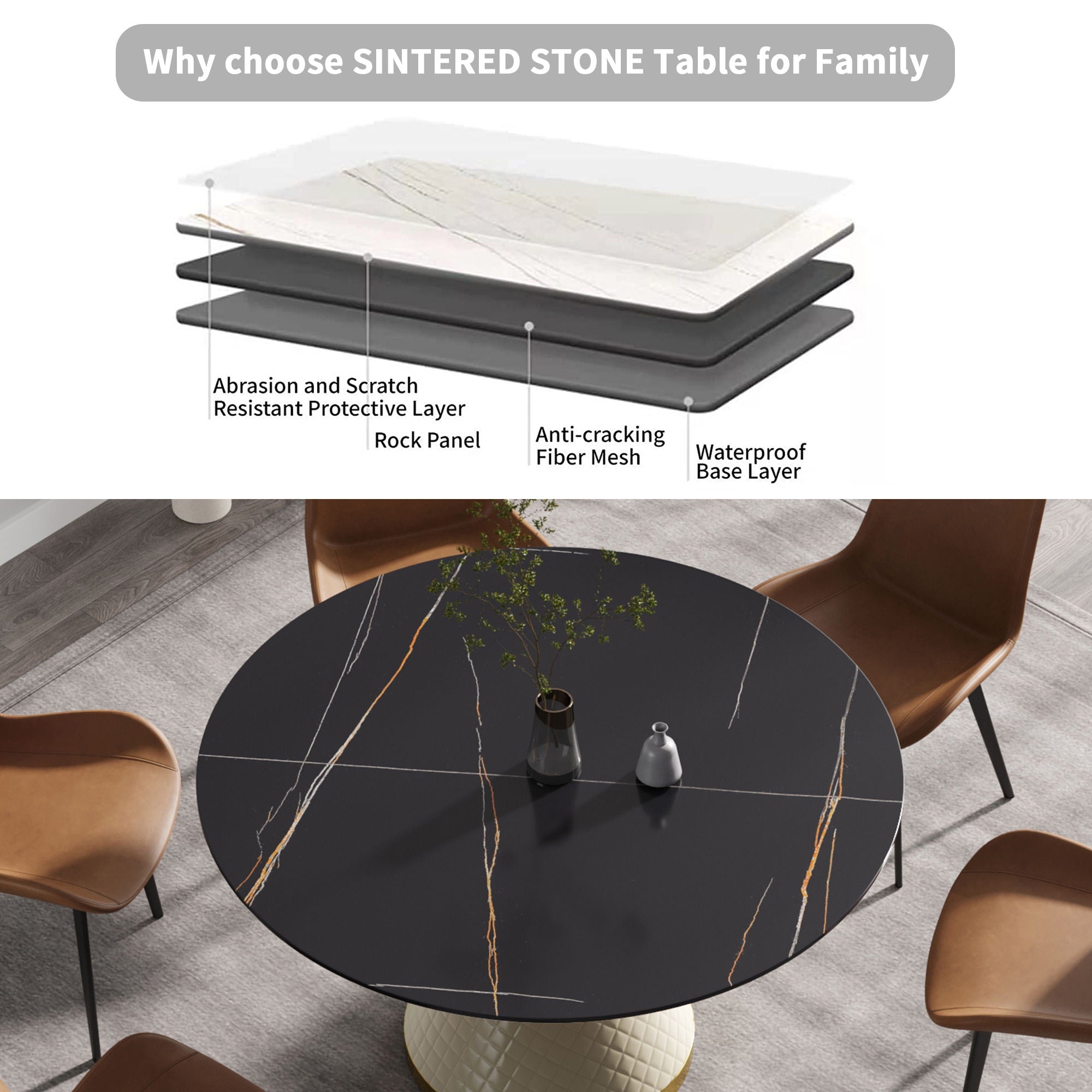 53.15" Modern Artificial Stone Round Carbon Steel Base Dining Table, Can Accommodate 6 People - Black / White