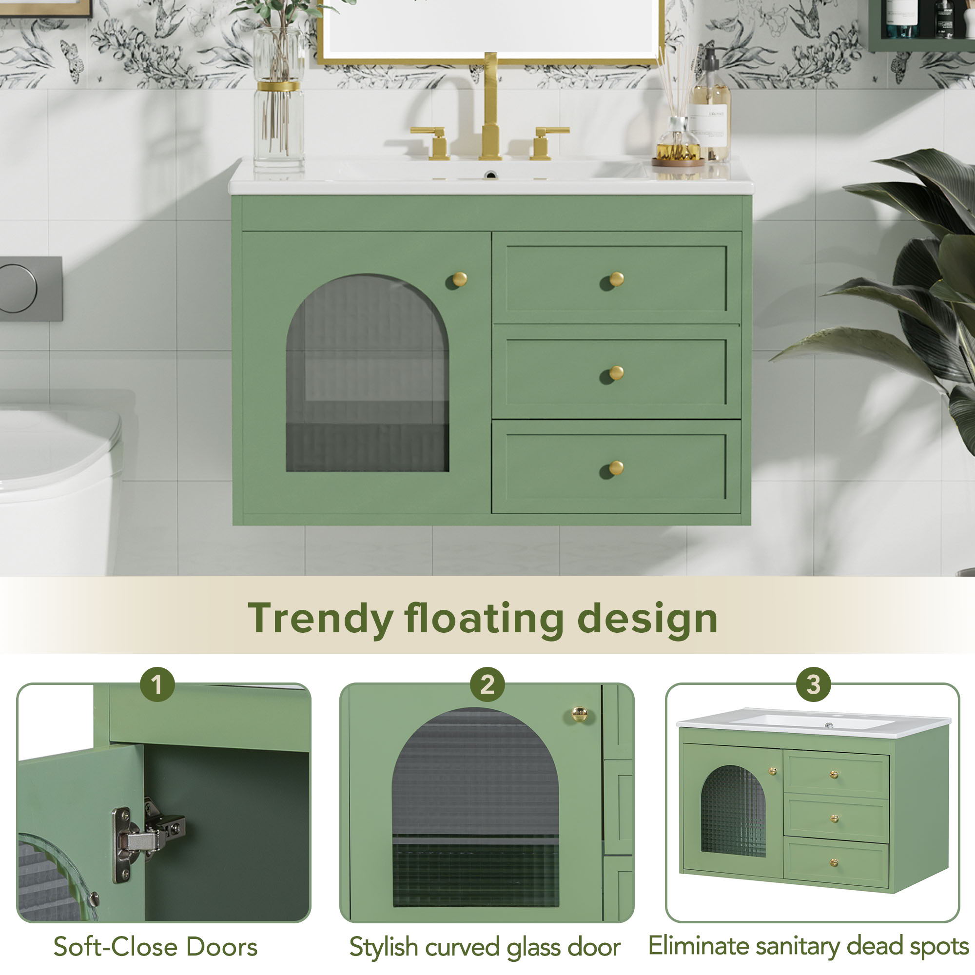 Elegant Floating Bathroom Vanity Sink And Cabinet Combo 1 Door And 2 Drawers - Green