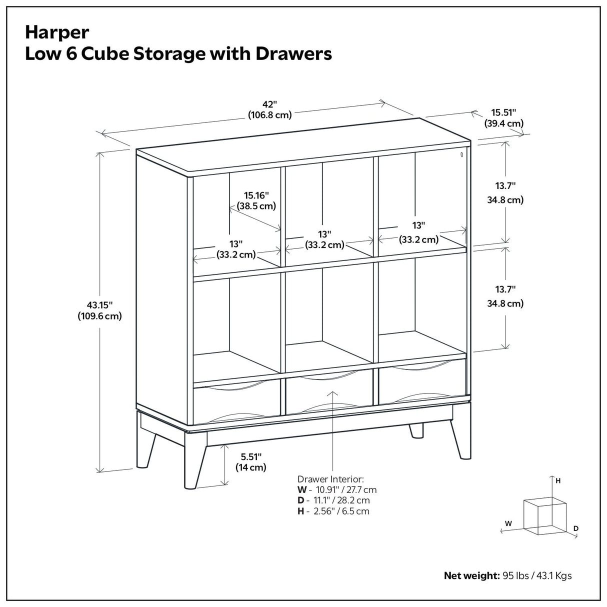 Harper - Low 6 Cube Storage With Drawers - Walnut Brown