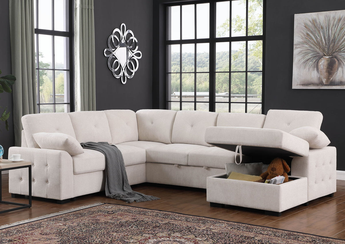 Nyhan - Upholstered Corner Sectional With Pull Out Loveseat And Storaged Chaise Beige by Cynthia's Furniture | Bel Furniture