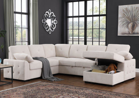 Nyhan - Upholstered Corner Sectional With Pull Out Loveseat And Storaged Chaise Beige by Cynthia's Furniture | Bel Furniture