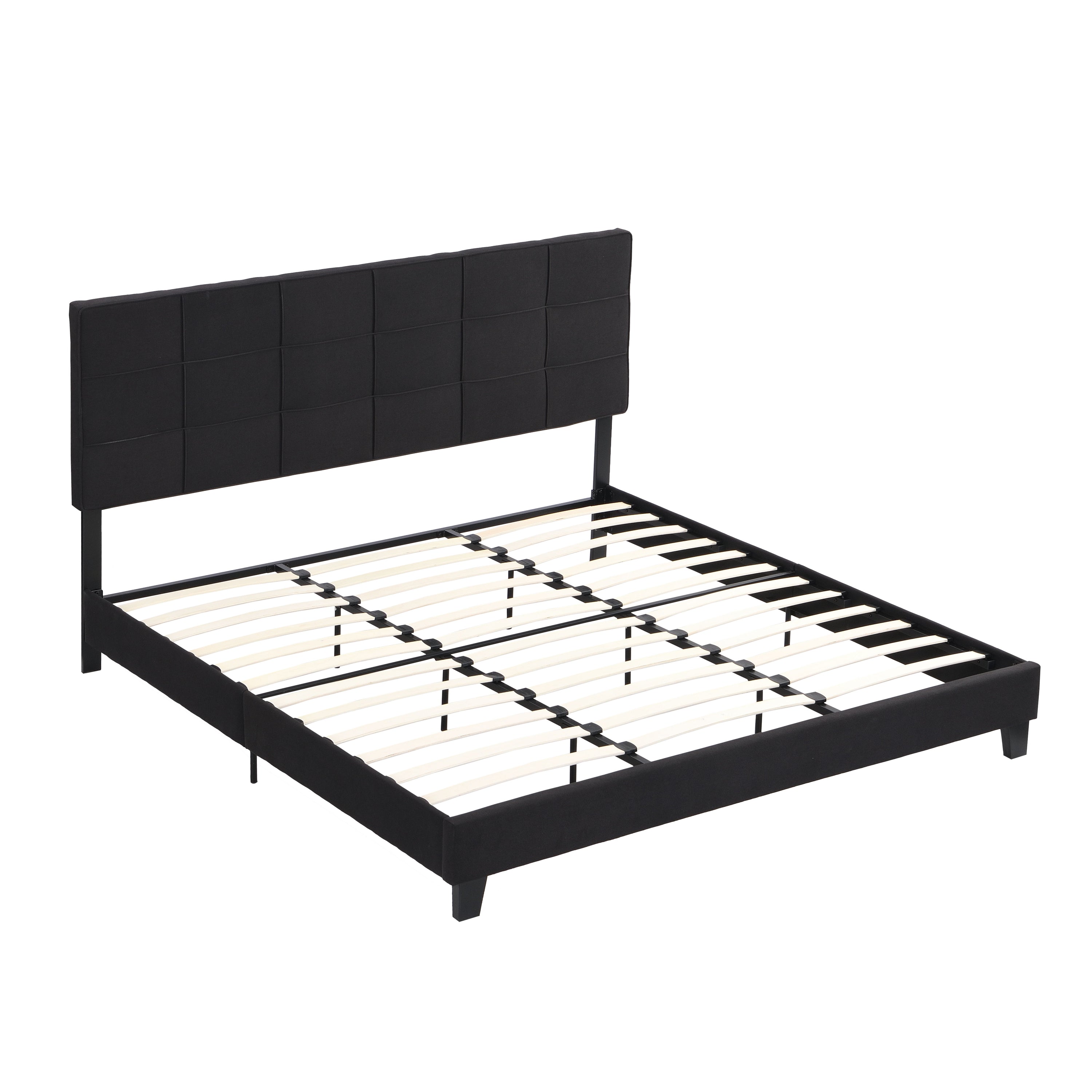 King Size Upholstered Platform Bed Frame With Button Tufted Linen Fabric Headboard, No Box Spring Needed, Wood Slat Support