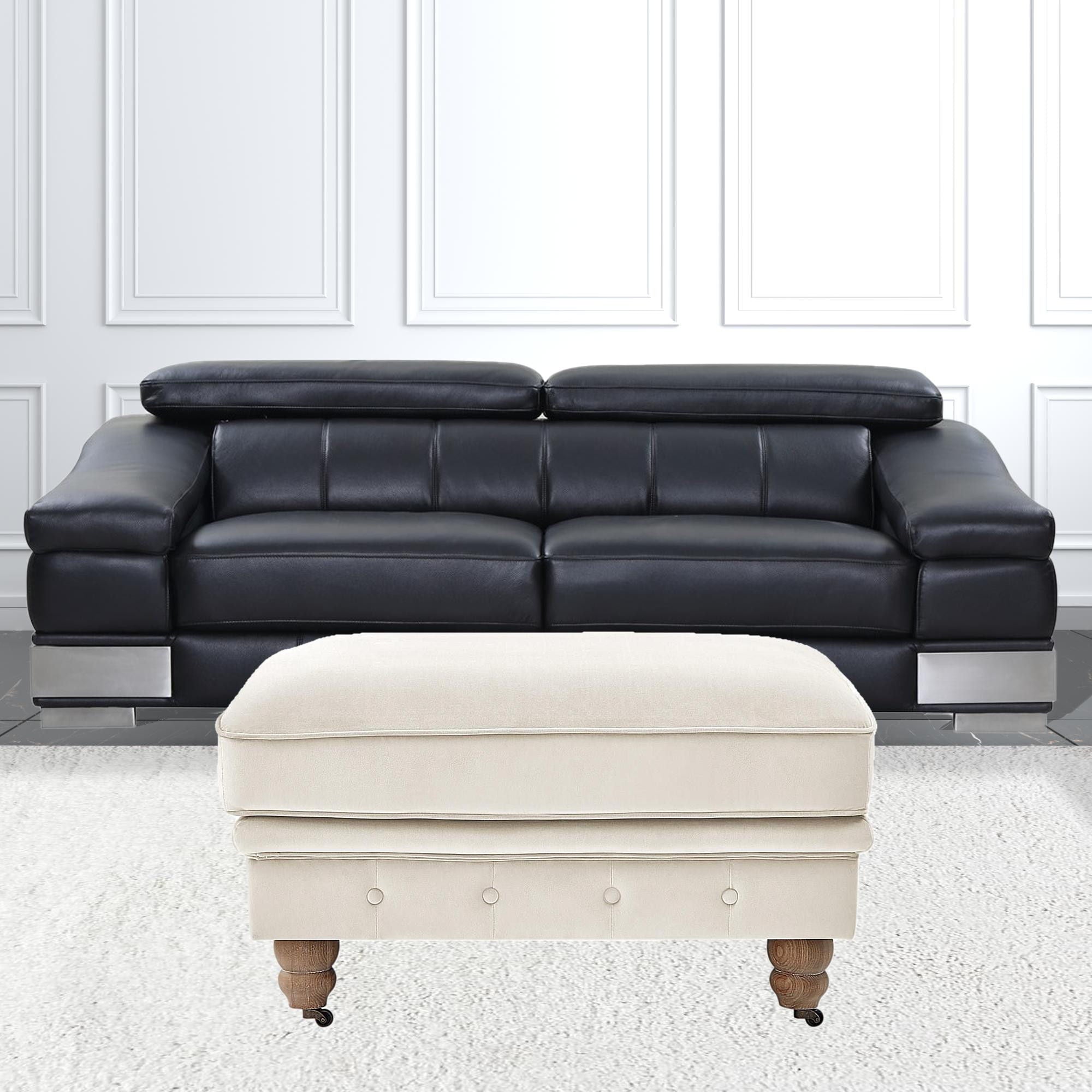 Velvet And Natural Rolling Tufted Cocktail Ottoman - Beige