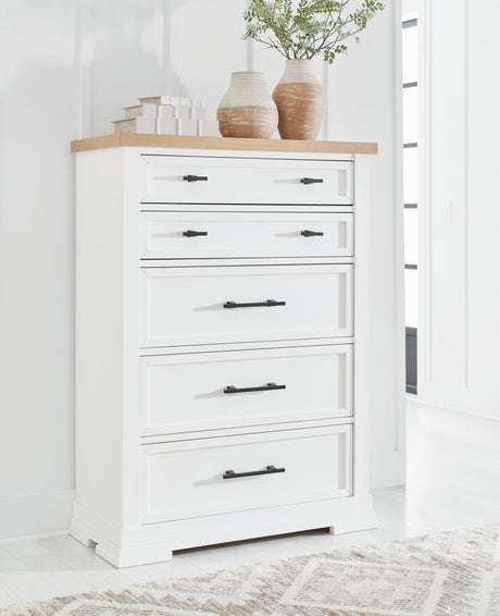 Ashbryn - White / Natural - Five Drawer Chest by Benchcraft® | Bel Furniture