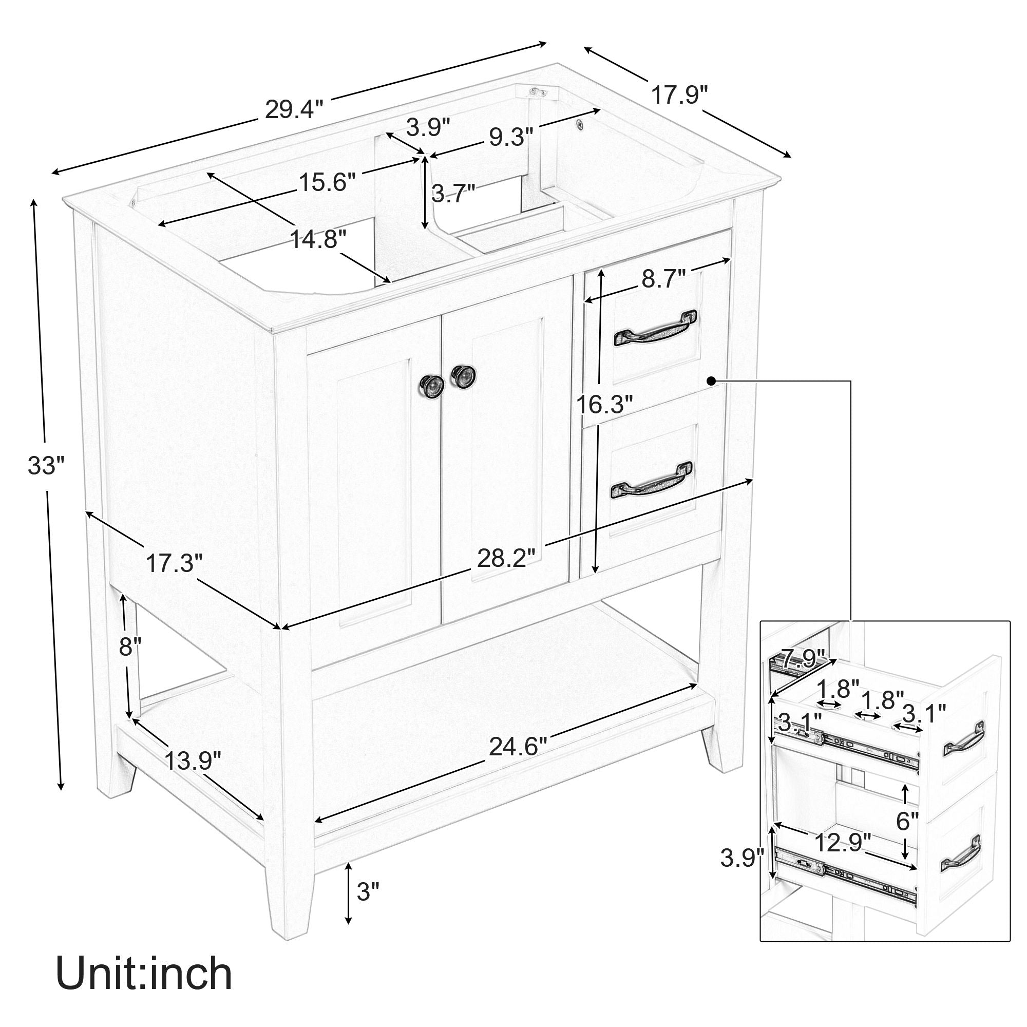 Bathroom Vanity Without Sink Top, Cabinet Base Only, Vanity With Multi-Functional Drawer - White